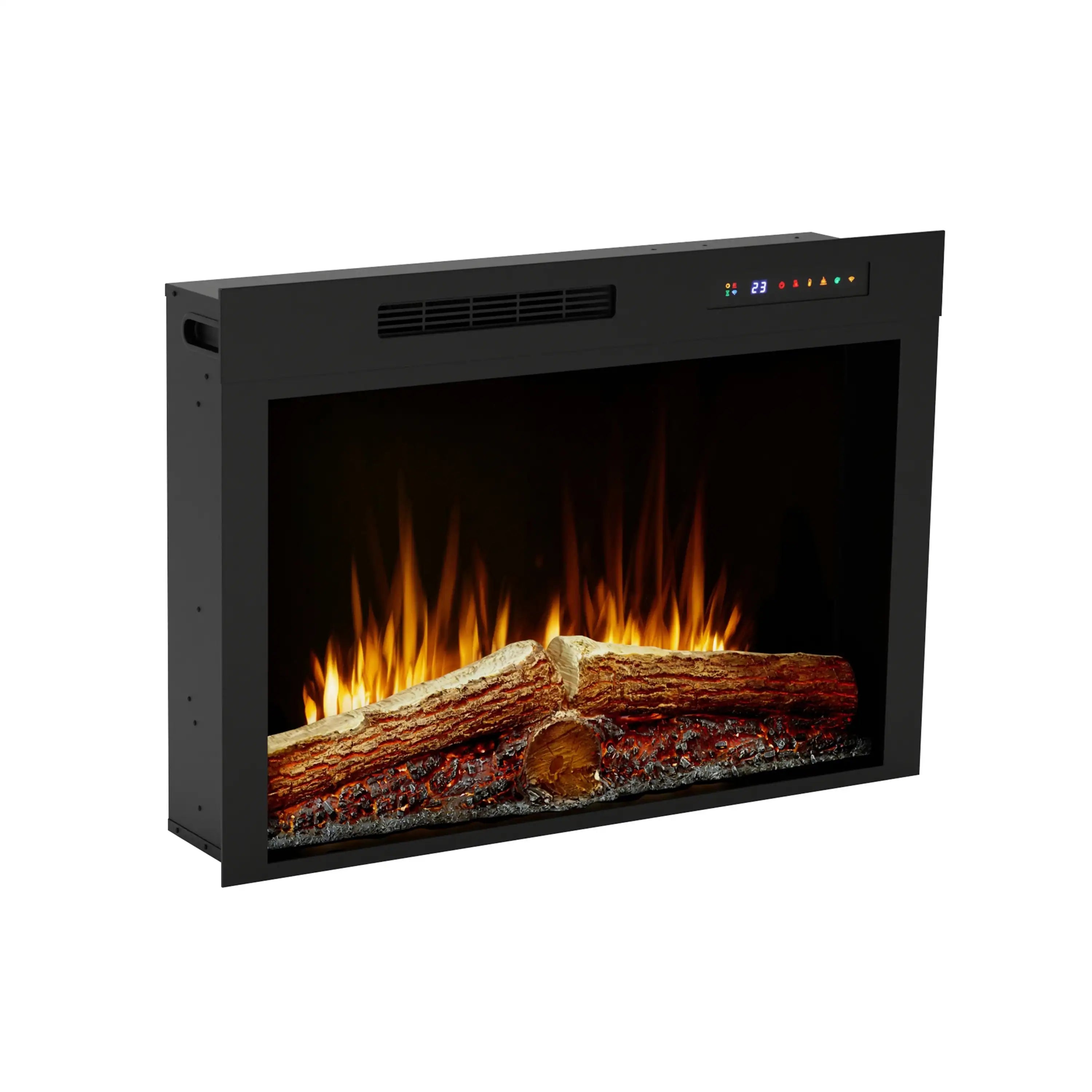 Black built-in electric firebox with orange flame effect and glowing log set