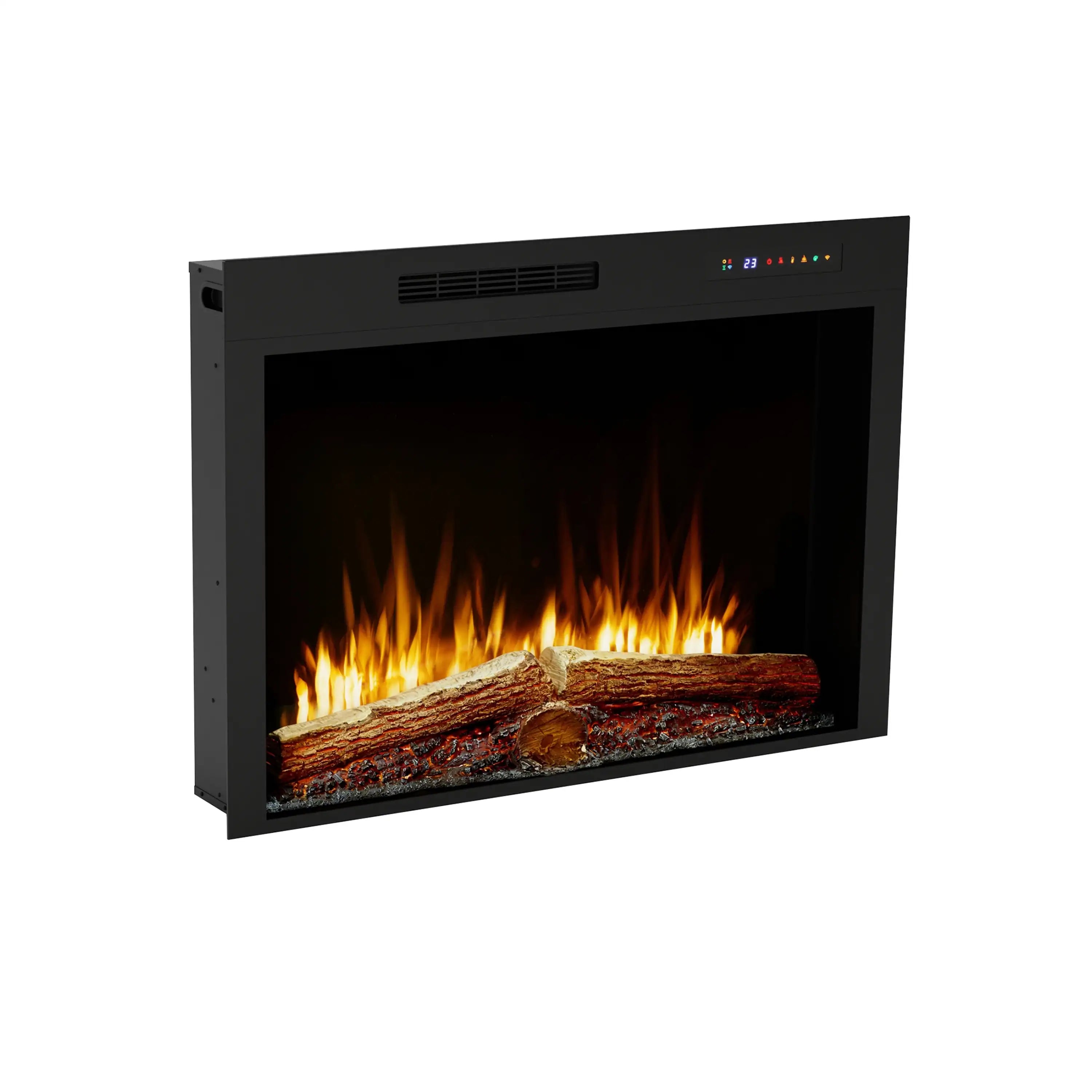 Black electric firebox with flame display behind glass, front view