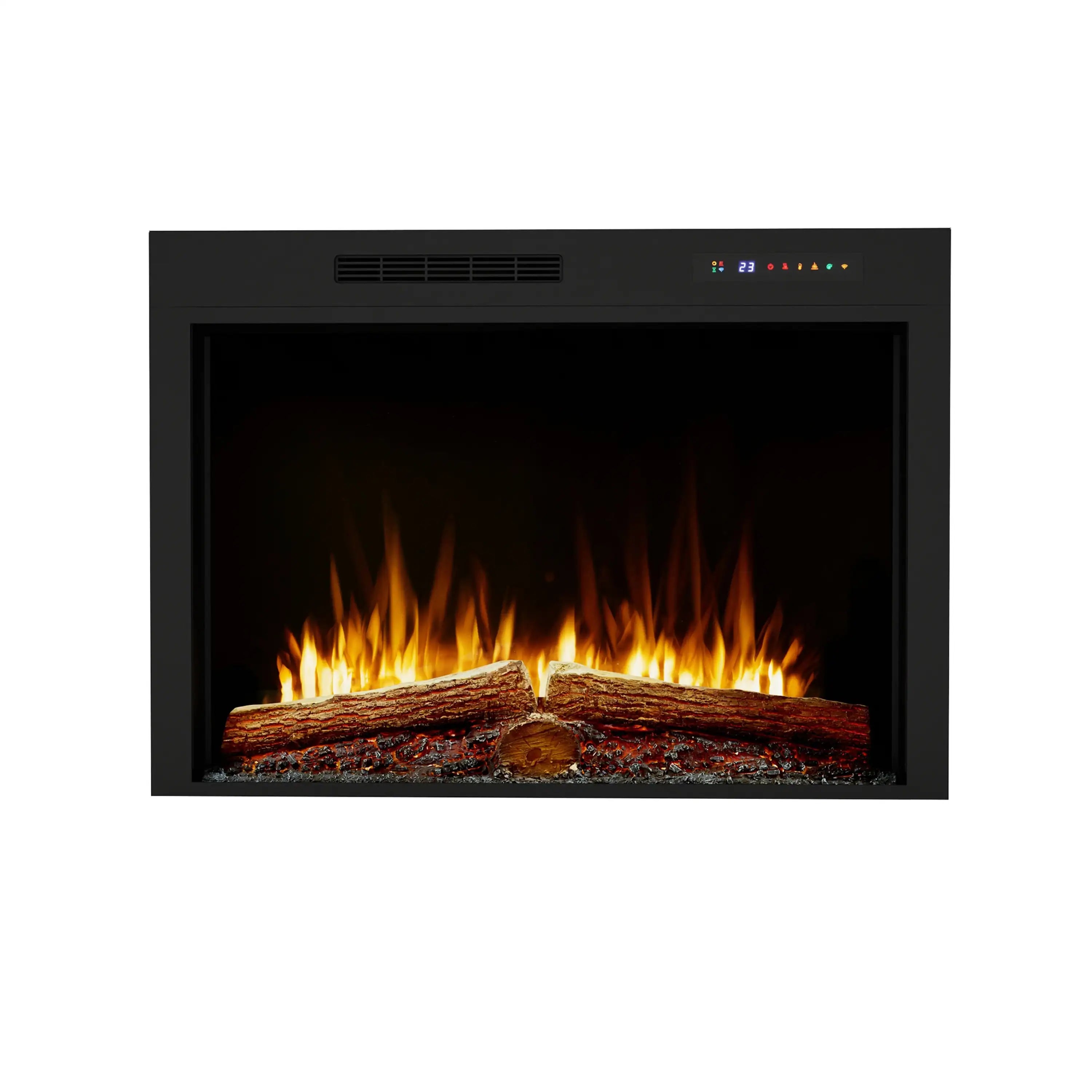 Black built-in electric firebox with glowing orange flames and log set