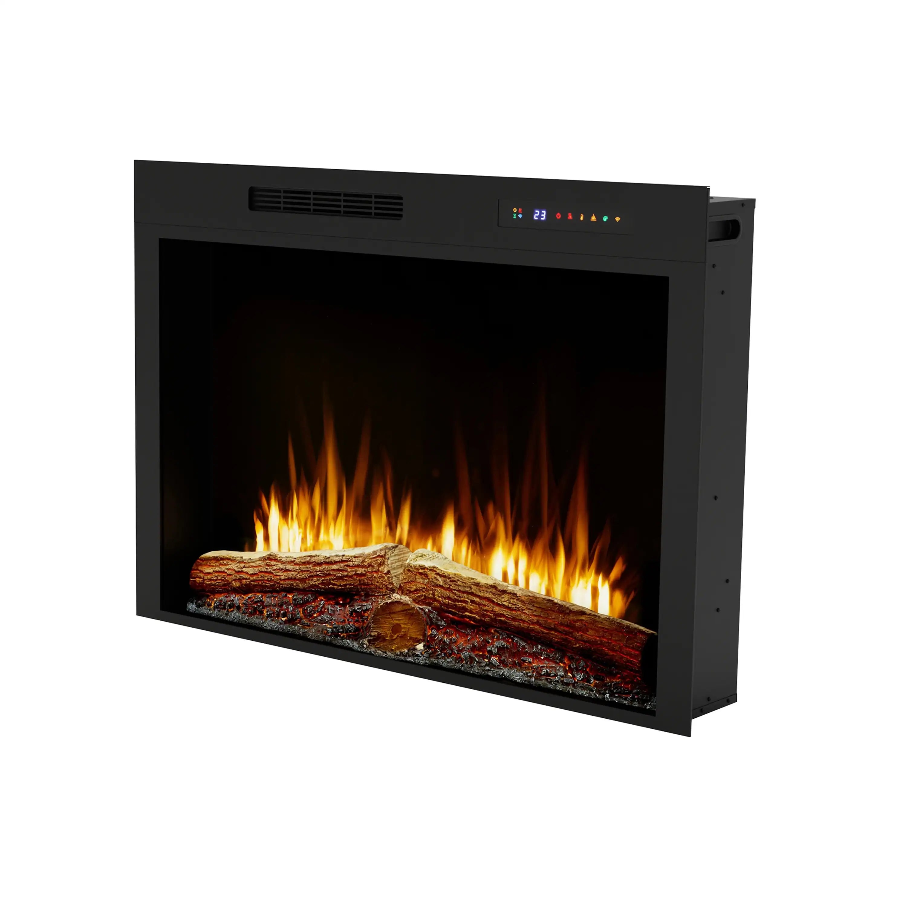 Electric firebox with black frame, open sides, and orange flame log effect