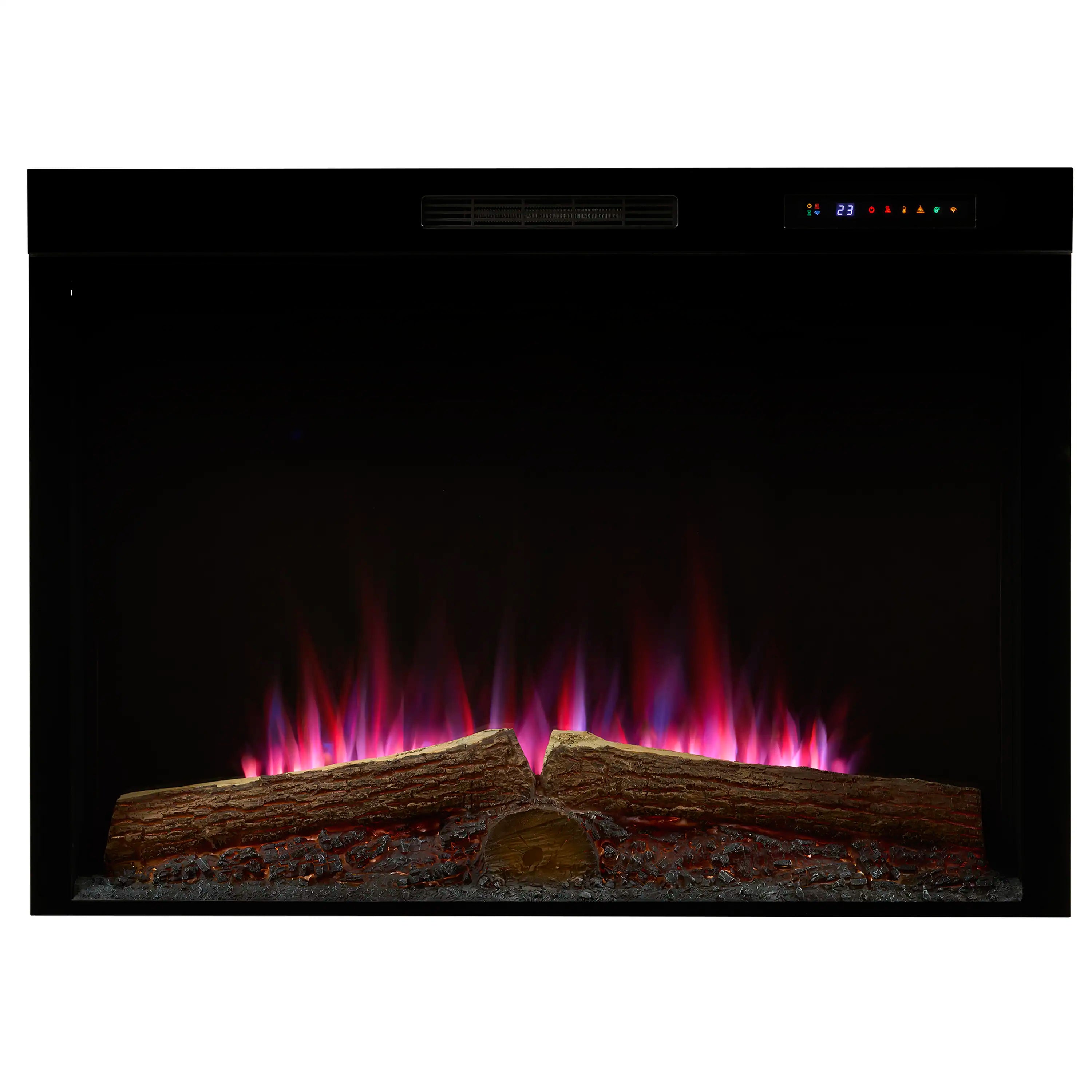 Black built-in electric firebox with realistic logs and red-purple flame effect