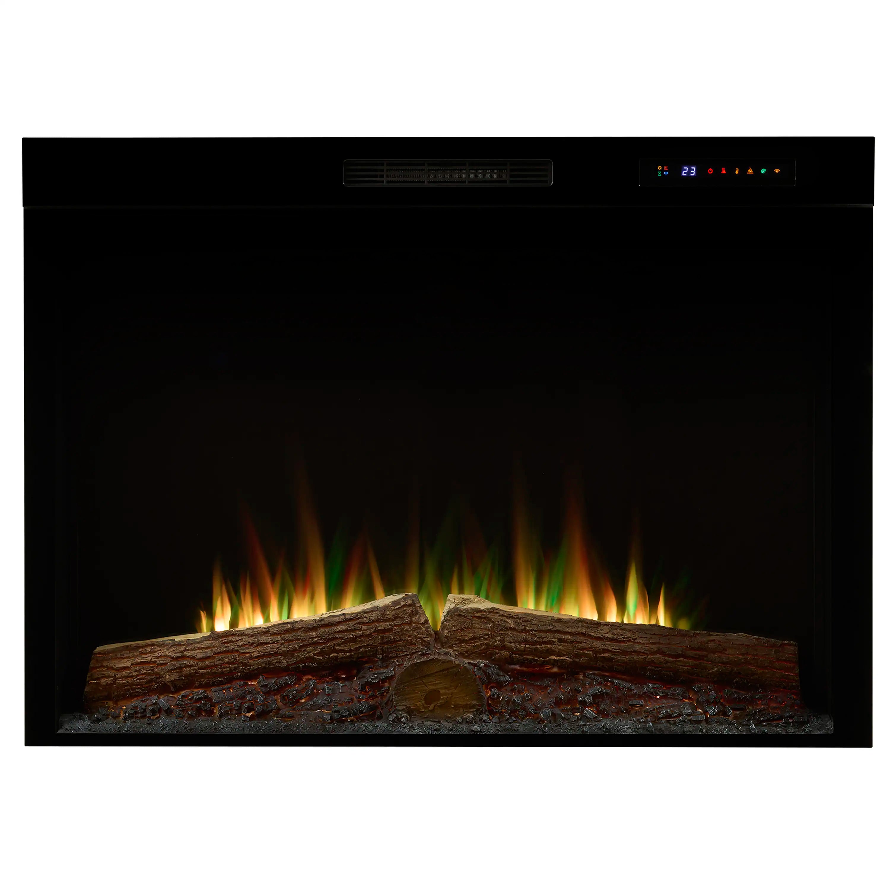 Black built-in electric firebox with realistic logs and yellow-orange flame effect