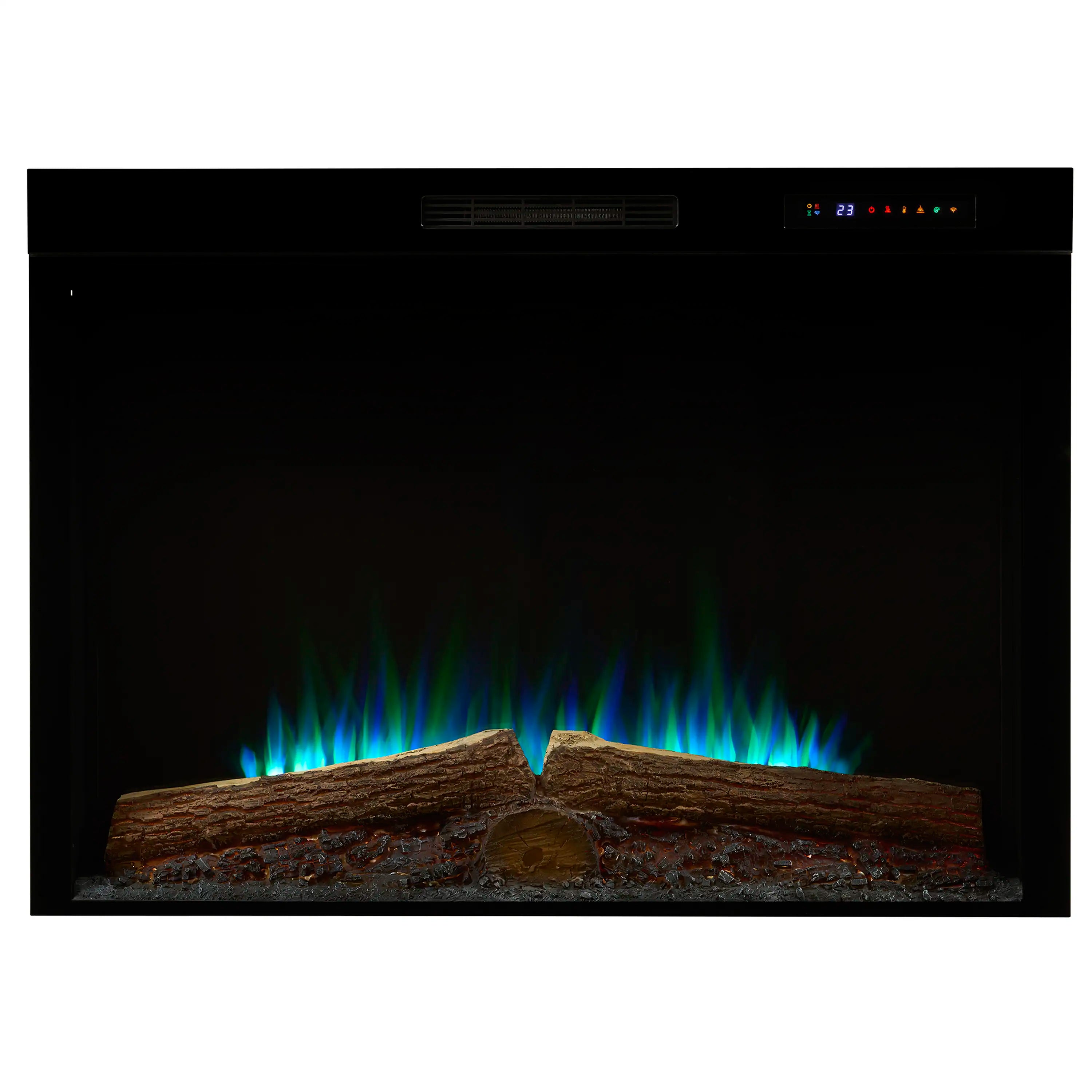 Black built-in electric firebox with realistic logs and teal-blue flame effect