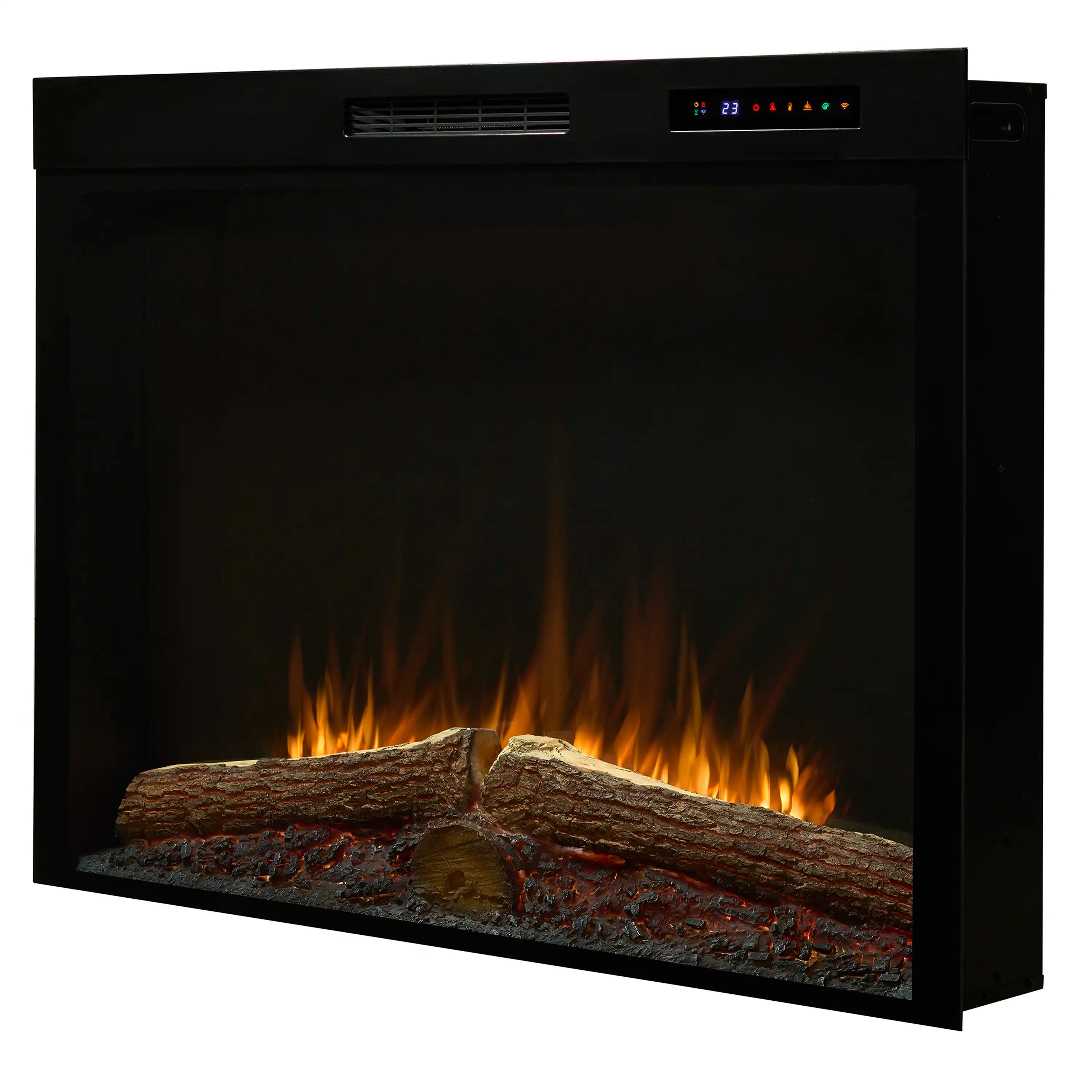 Black built-in electric firebox with orange flame effect and log set.