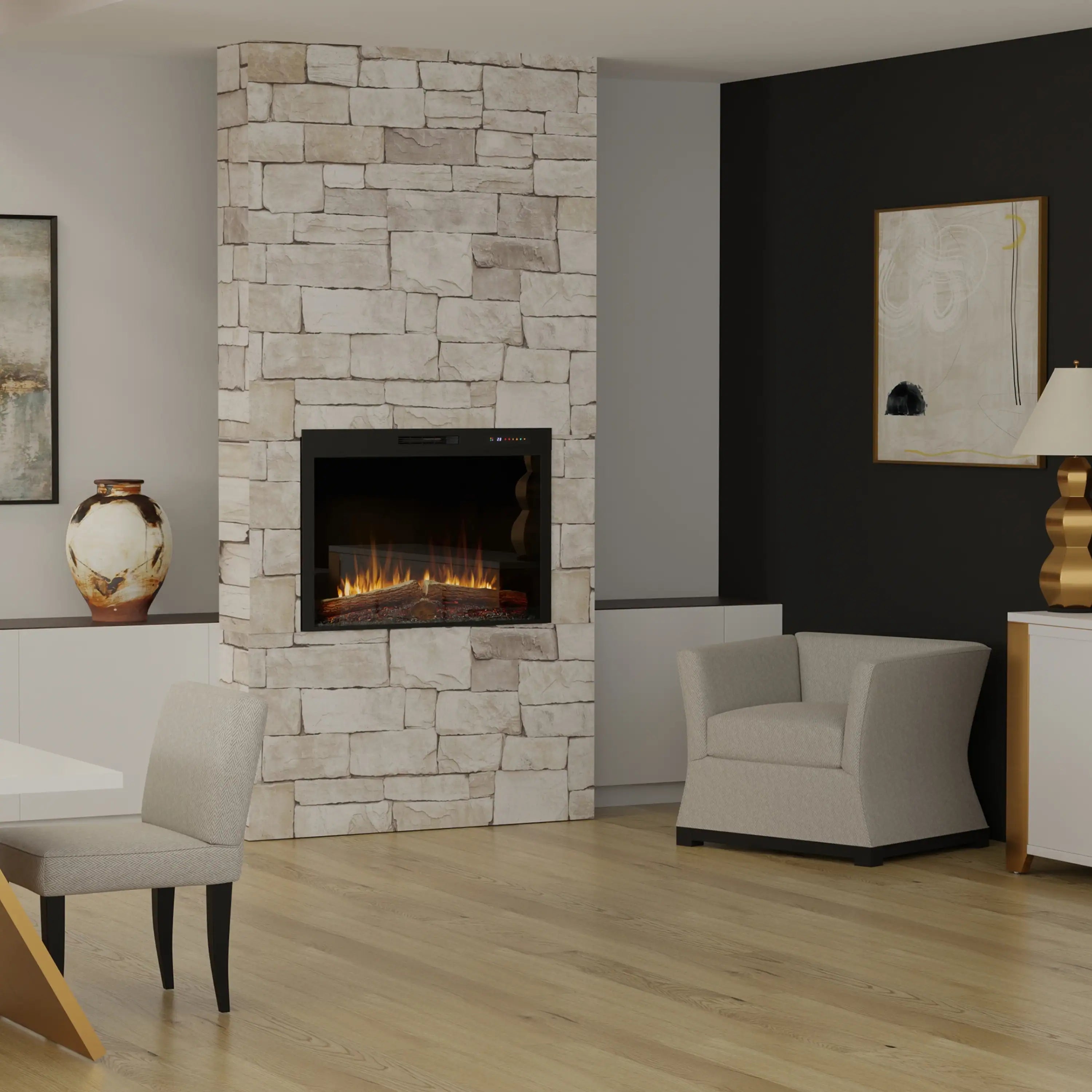 Built-in electric firebox in light stone wall with orange flame and logs