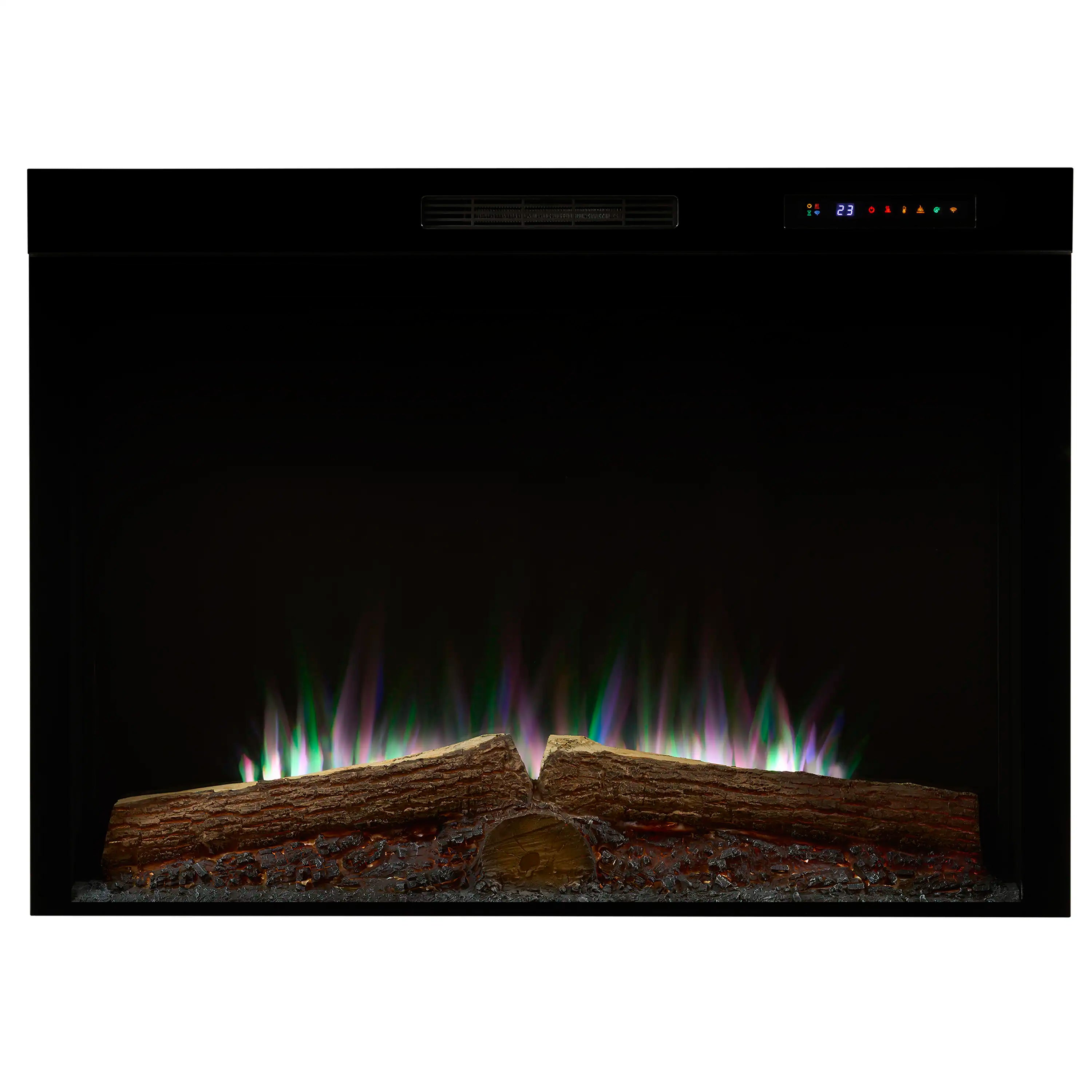 Black built-in electric firebox with multicolor flame effect and log set.
