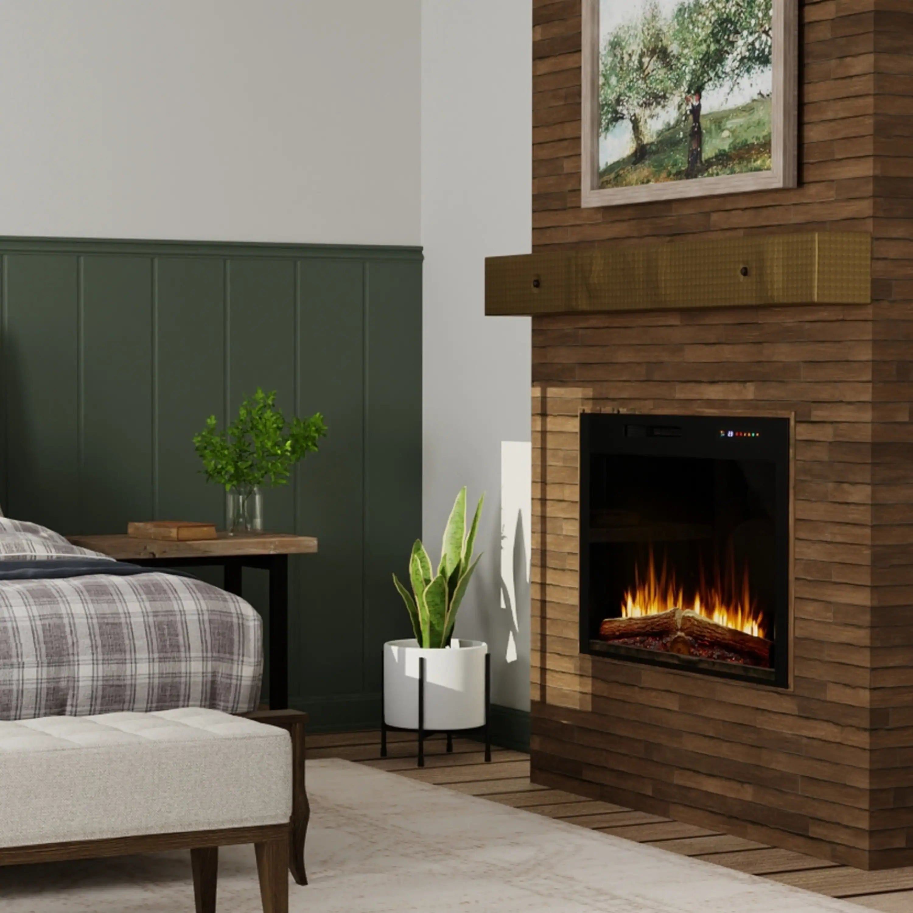 Built-in electric firebox set in wood cladding with orange flames and logs