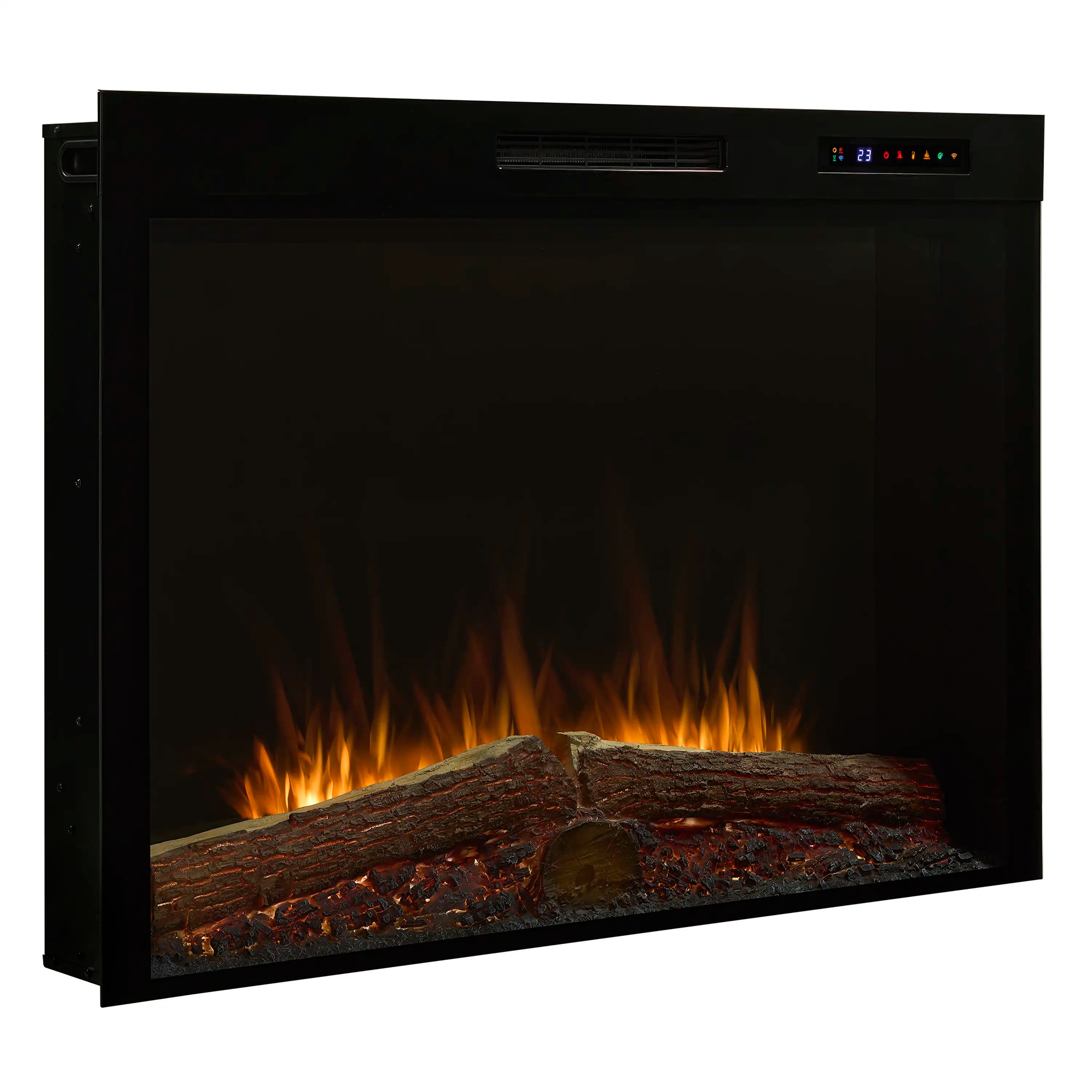 Black built-in electric firebox with orange flames and front log display.