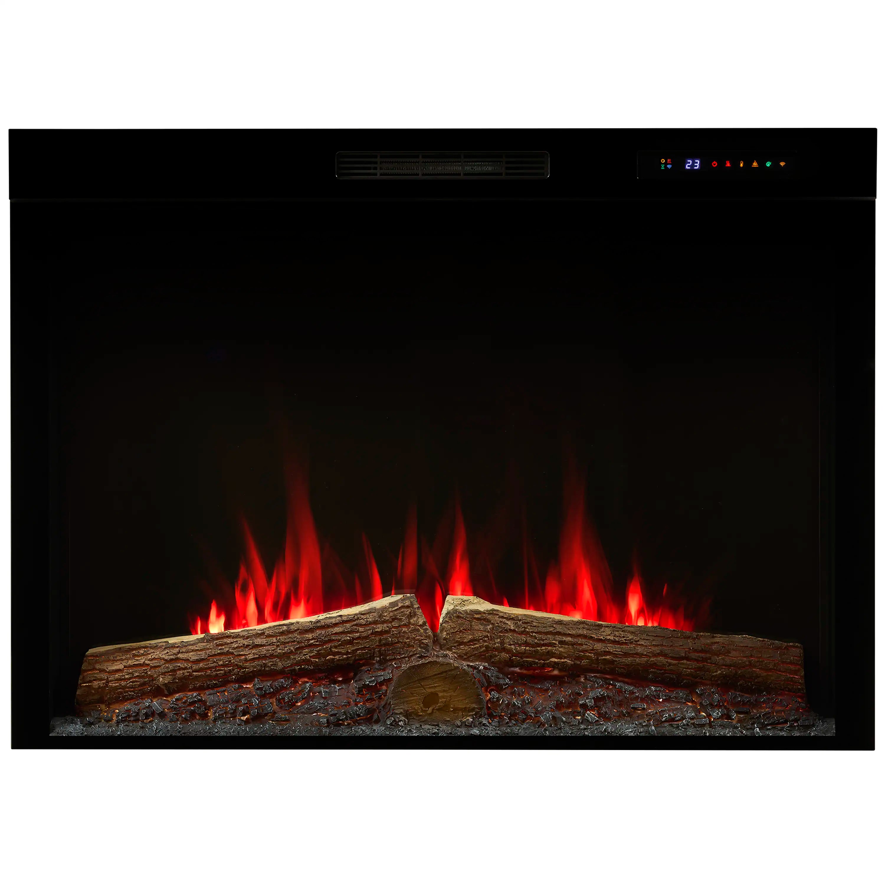 Black built-in electric firebox with realistic logs and bright red flame effect