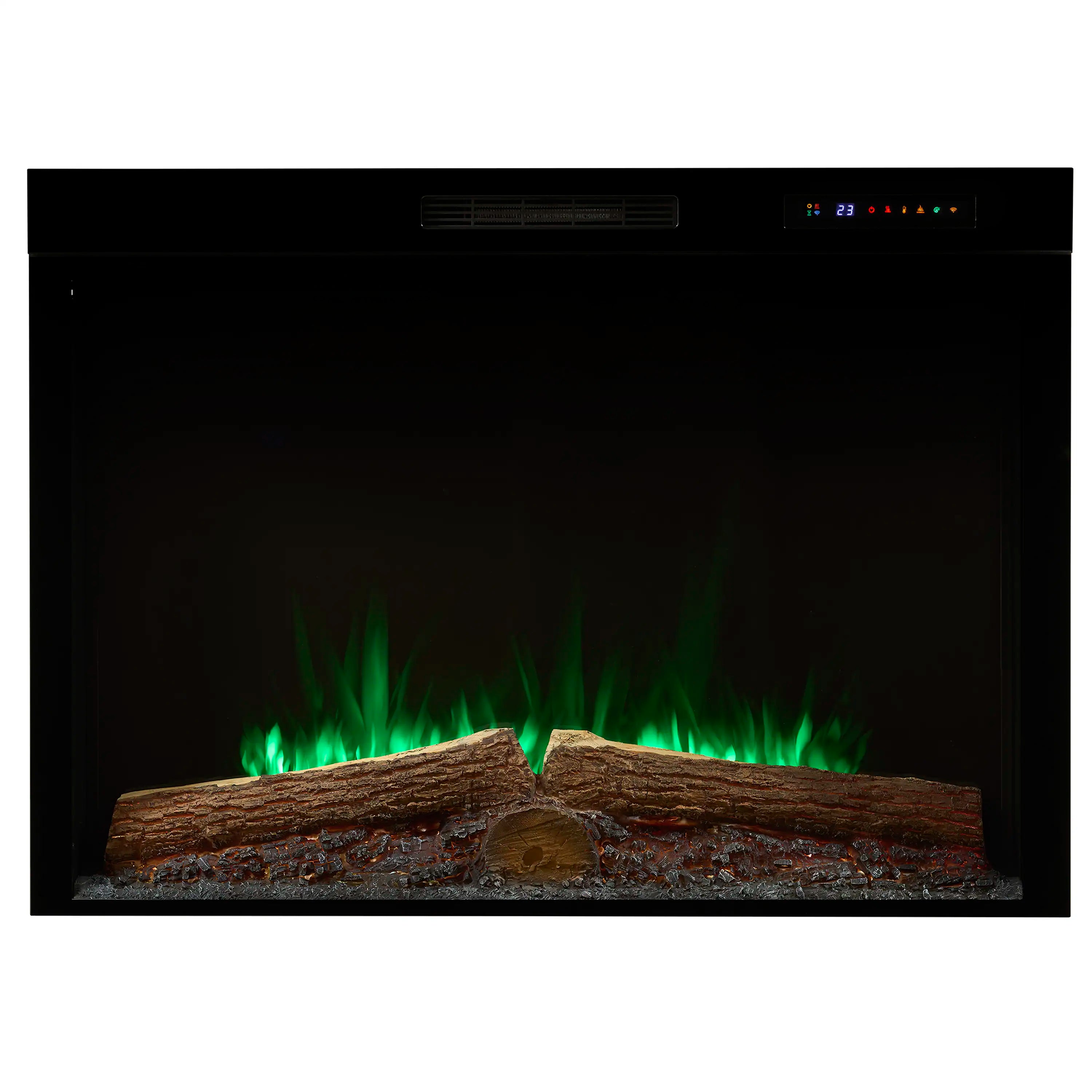 Black built-in electric firebox with realistic logs and green flame effect
