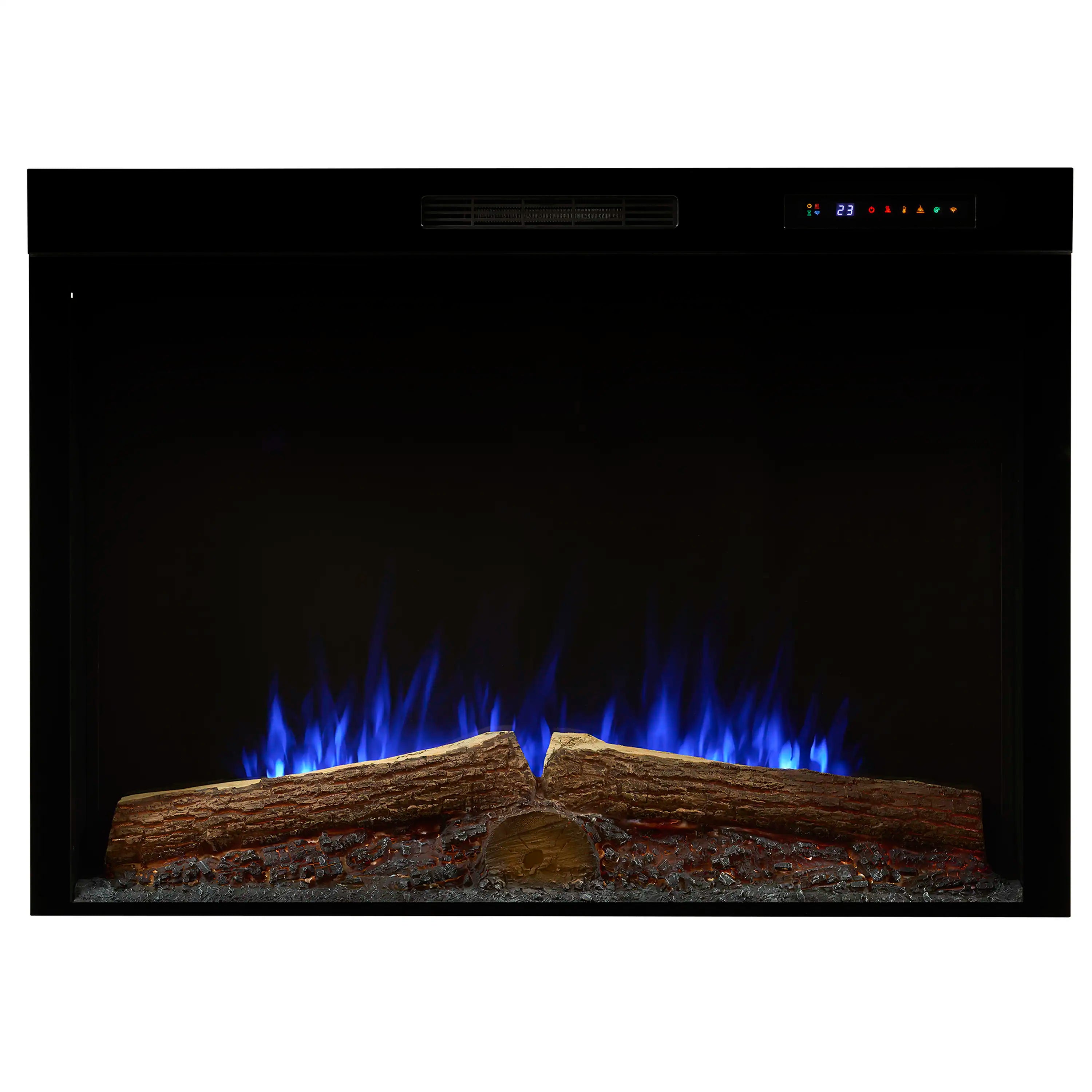 Black built-in electric firebox with realistic logs and blue flame effect