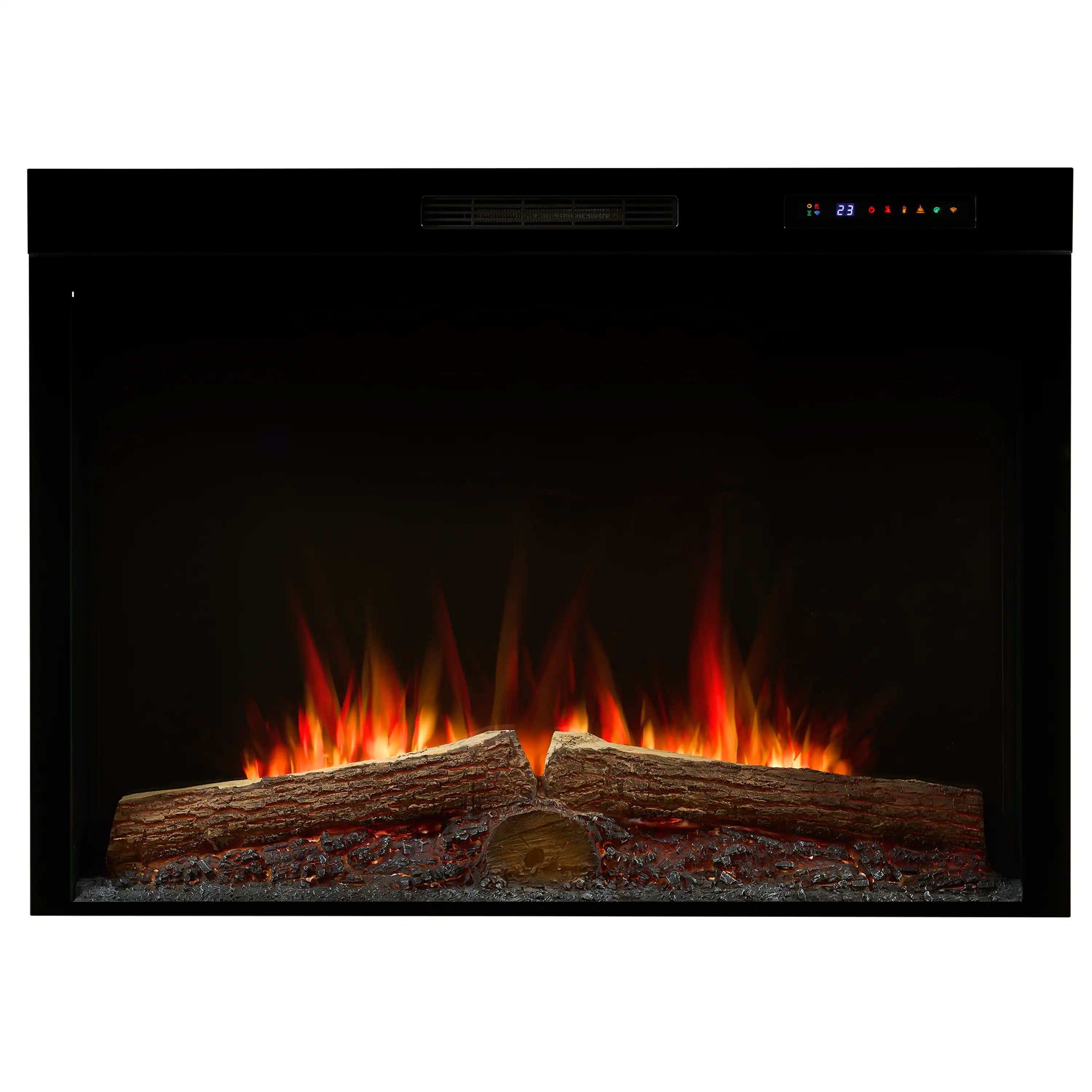 Black built-in electric firebox with realistic logs and red flame effect