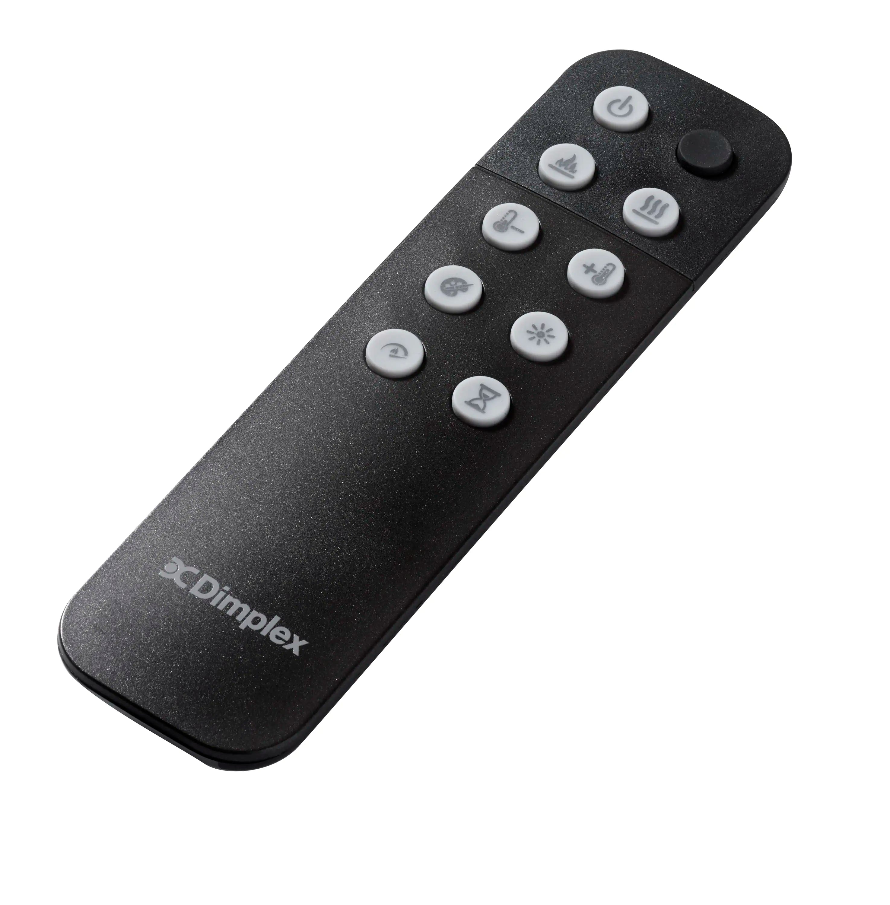 Dimplex black remote control with angled view and circular button icons