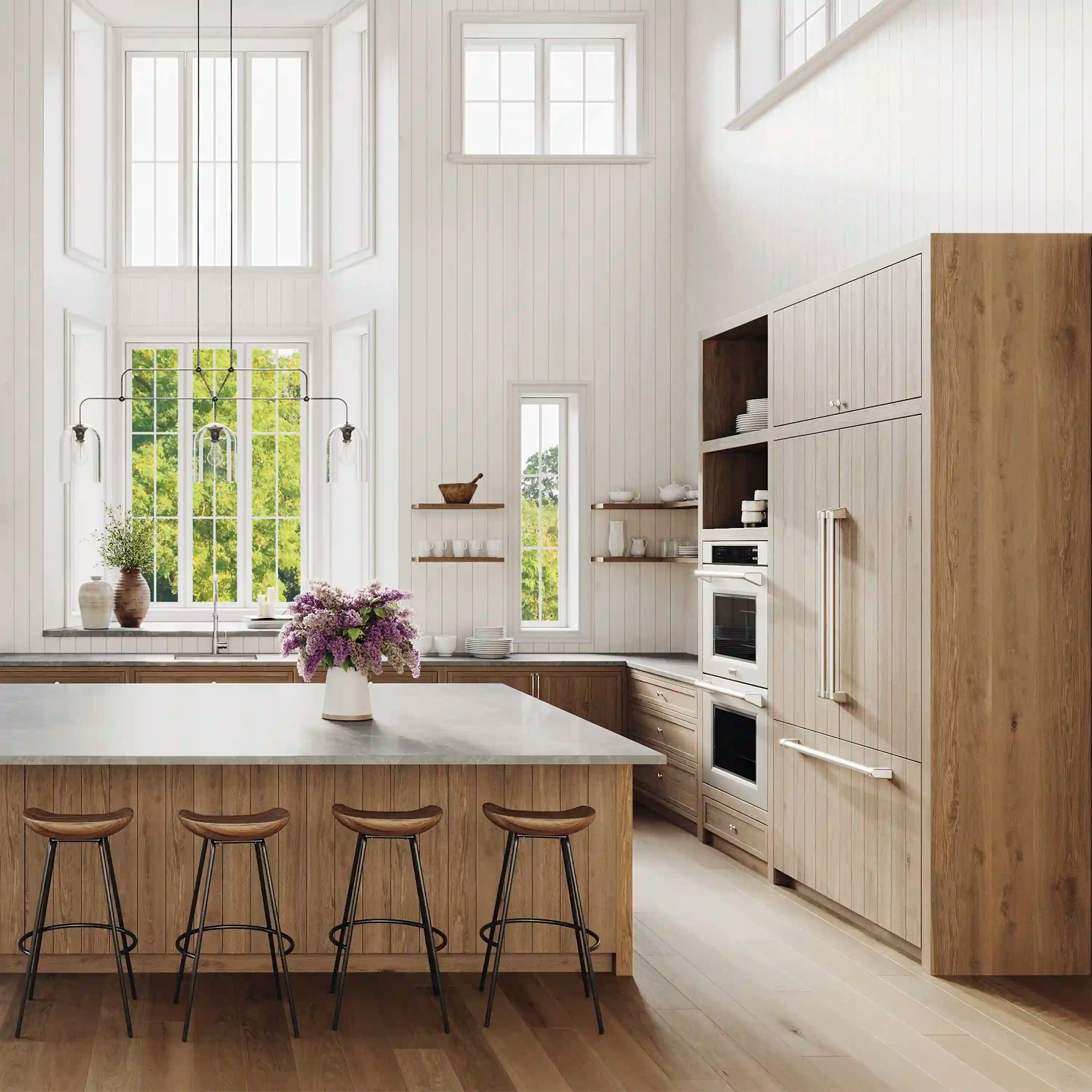 Built-in French door bottom freezer refrigerator integrated into wood kitchen cabinetry