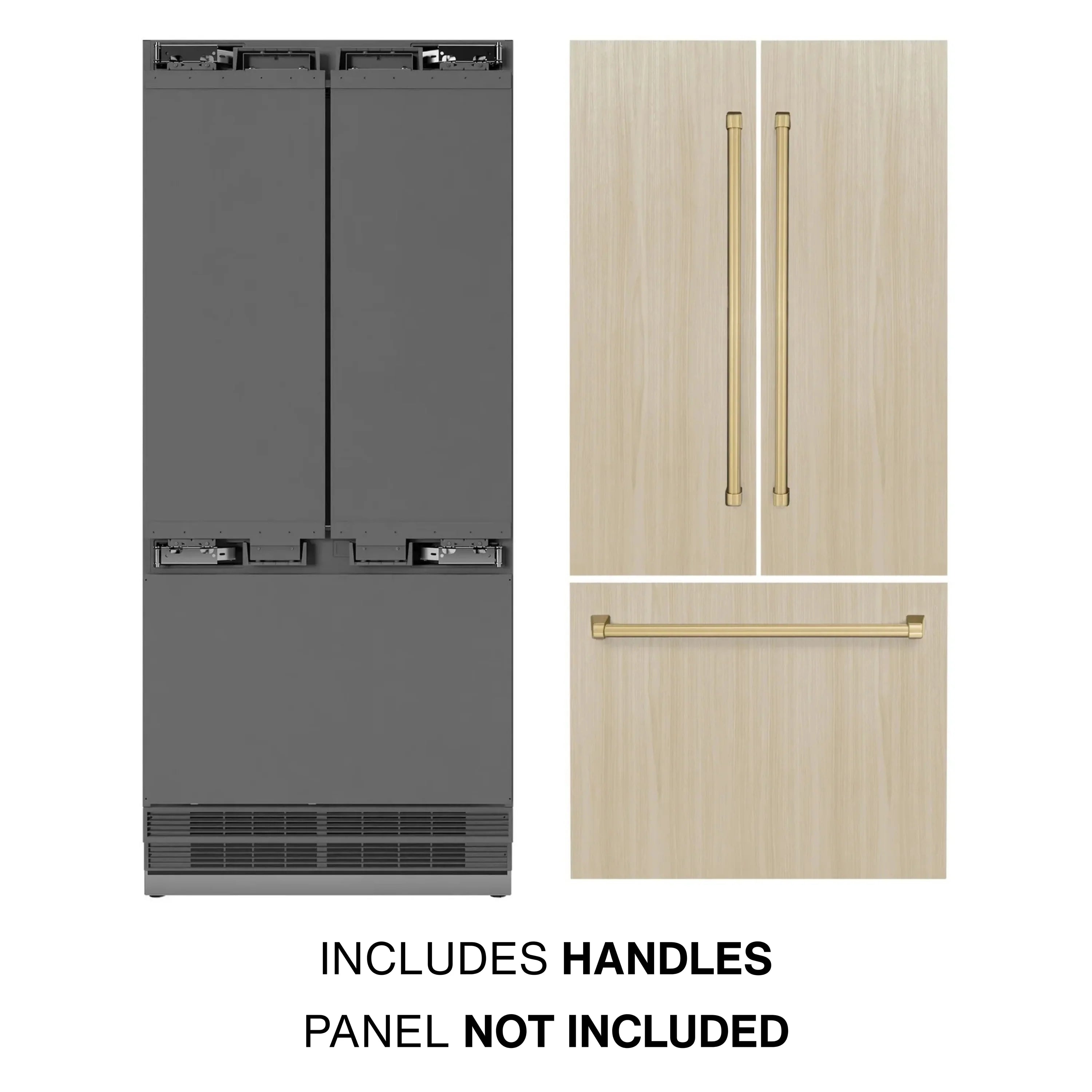 Panel-ready French door refrigerator with included handles; panel not included