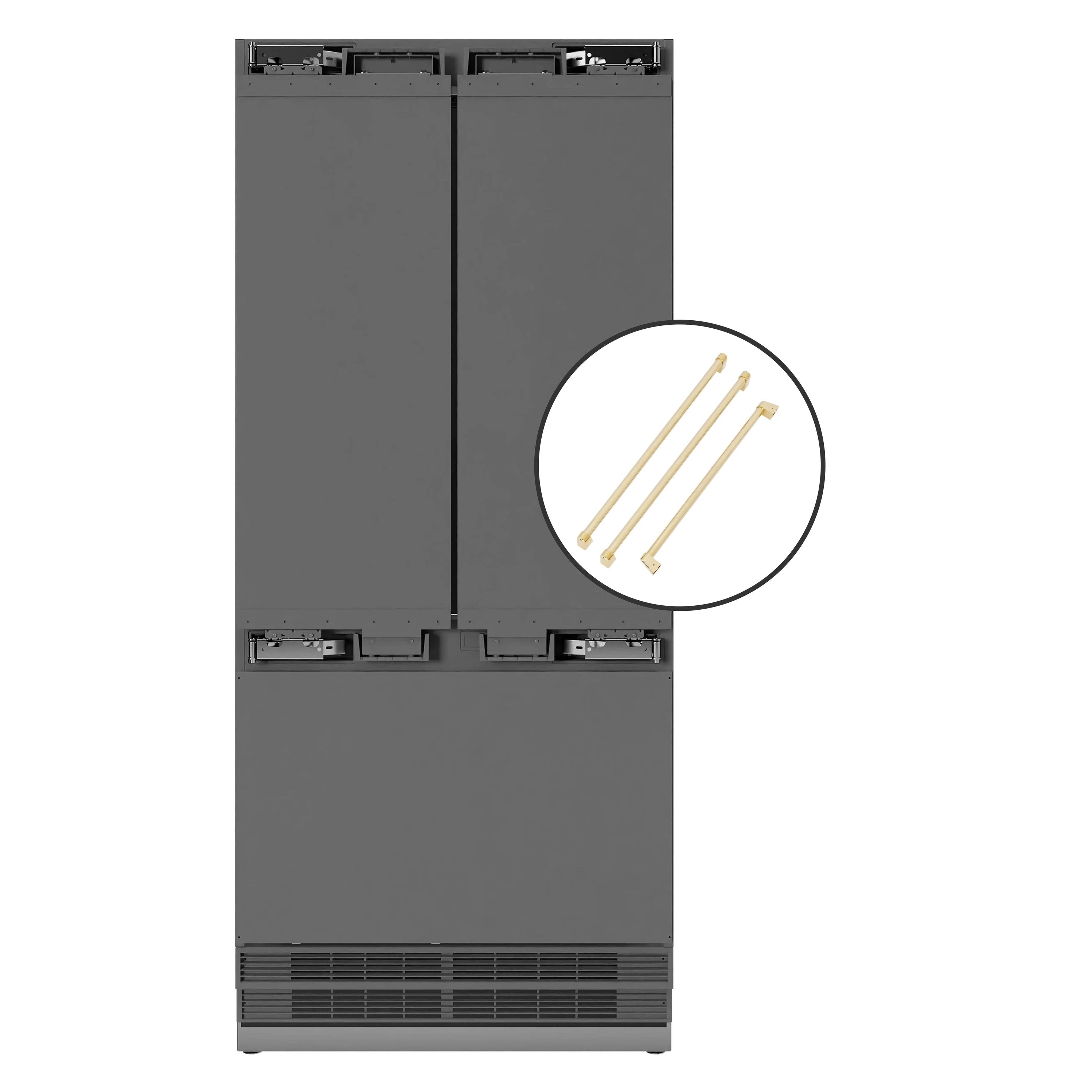 Panel-ready French door refrigerator with gold accent handle hardware detail