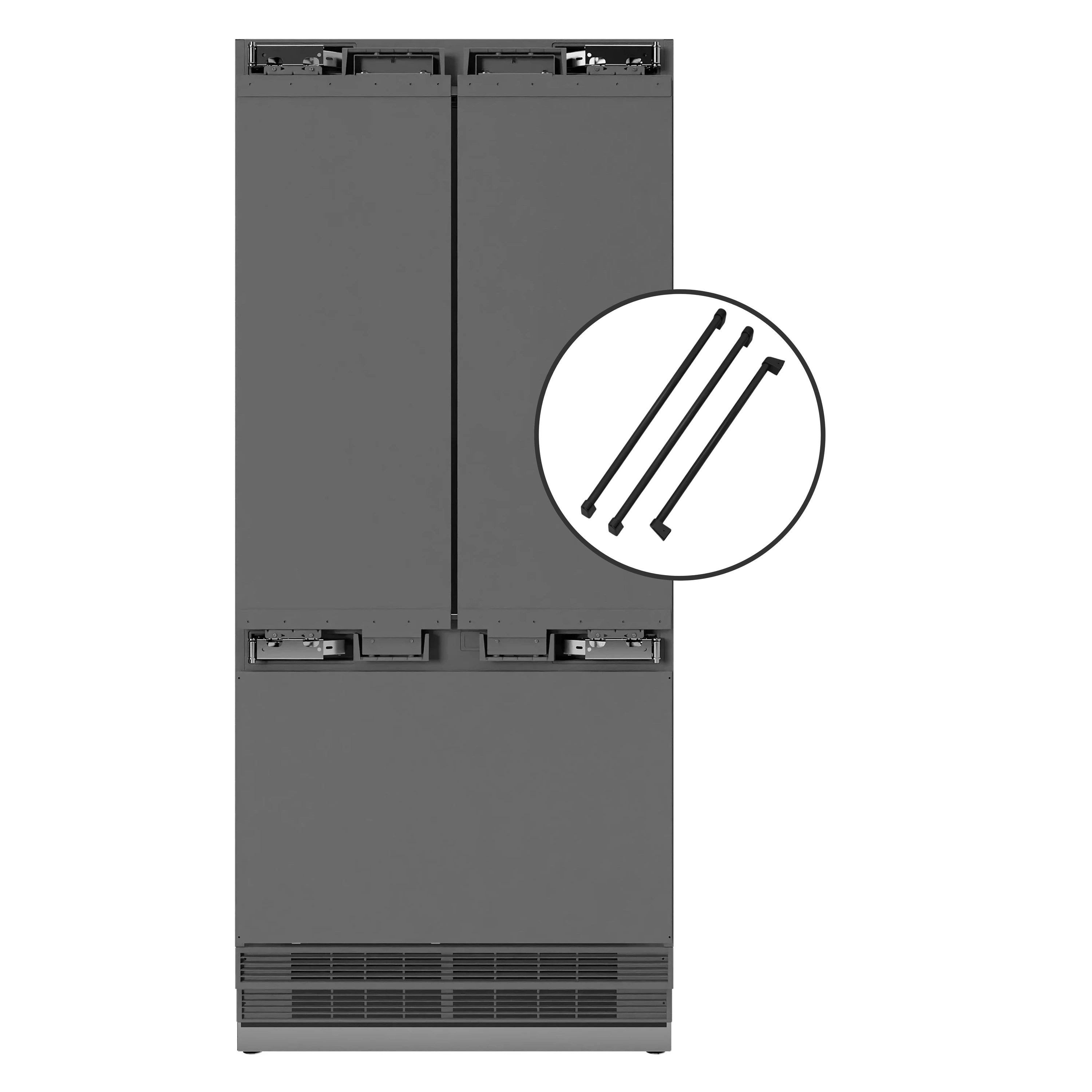 Panel-ready refrigerator door hardware with inset panel attachment detail