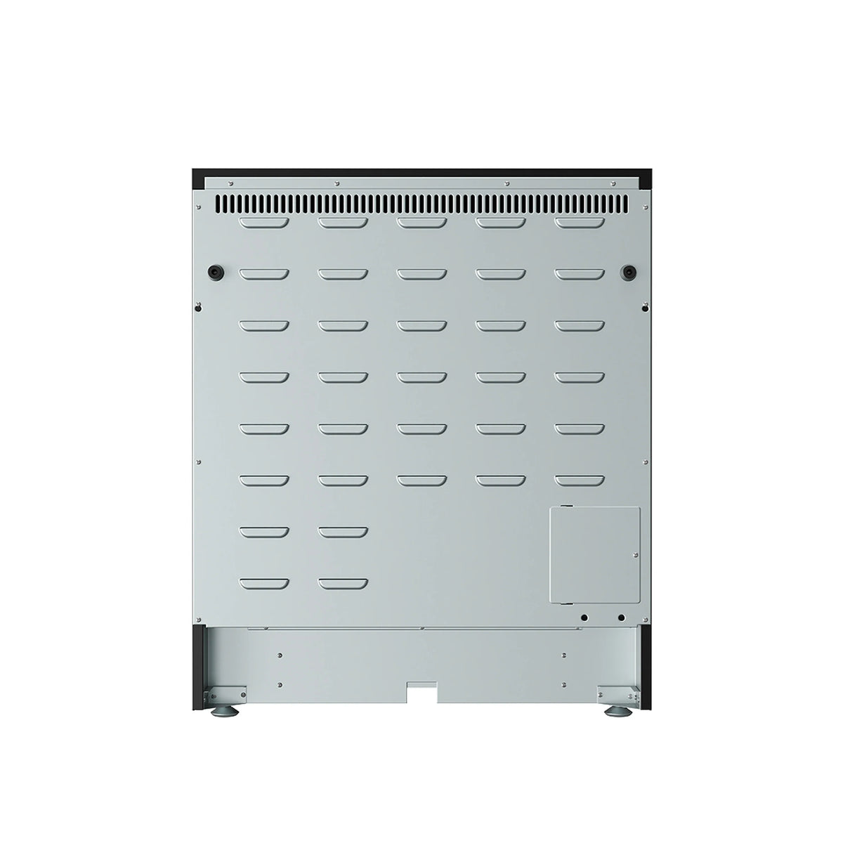 Stainless electric range back panel with ventilation slots and support feet