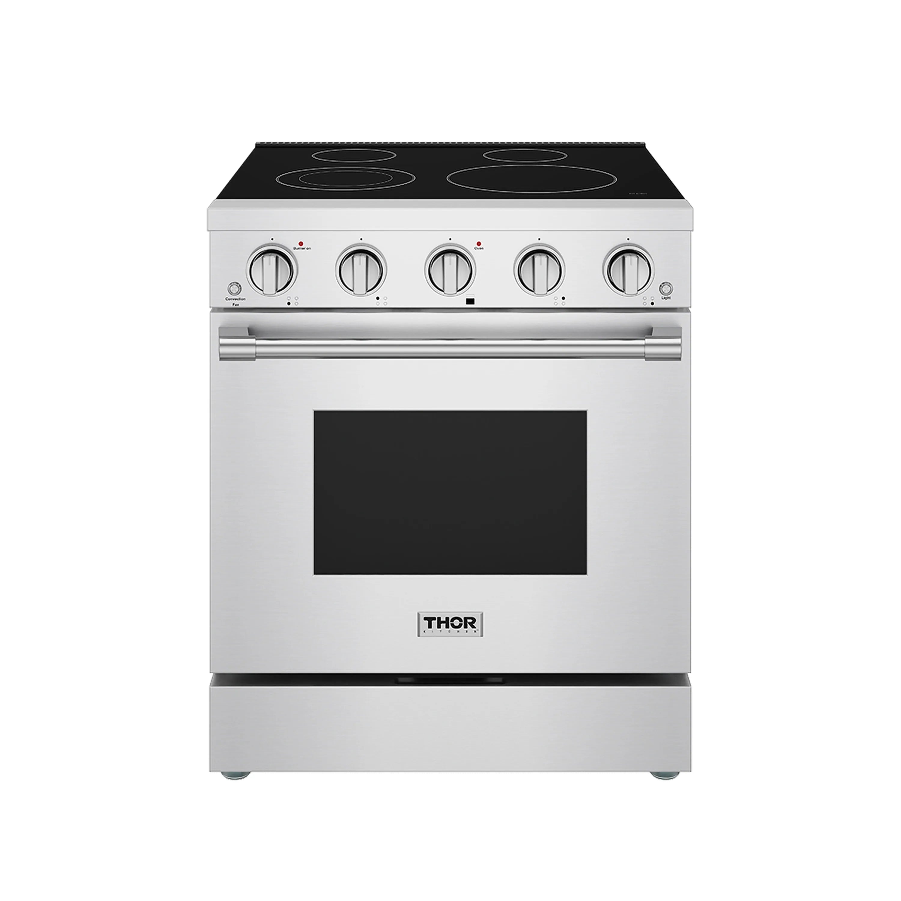 Stainless electric range with black glass cooktop, control knobs, and oven window