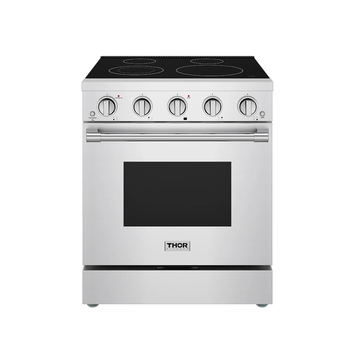 Stainless electric range with black glass cooktop, control knobs, and oven window