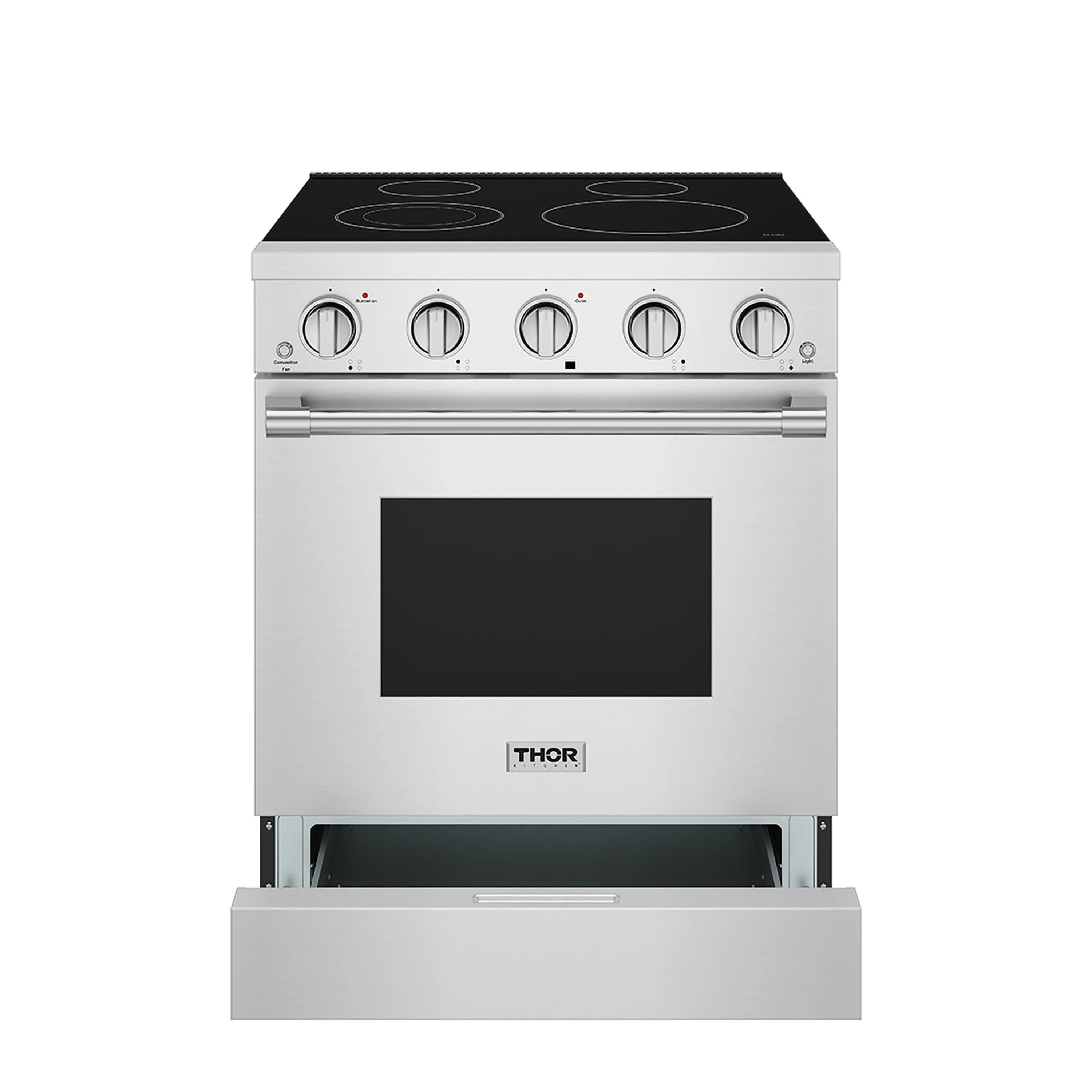 Stainless electric range front with black glass cooktop, knobs, and oven door window