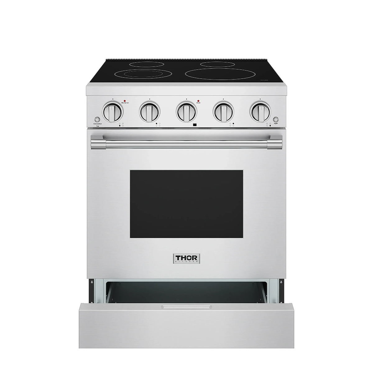 Stainless steel electric range with four coil cooktop and open oven door