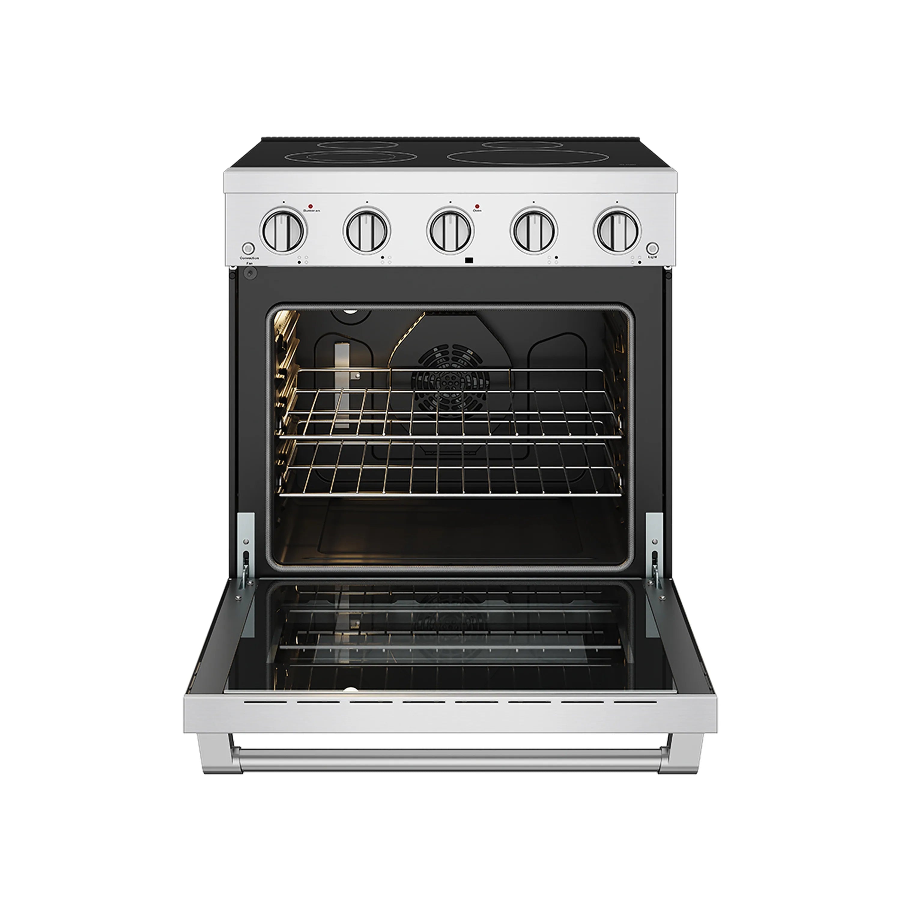 Stainless electric range with oven door open, showing interior racks and heating elements