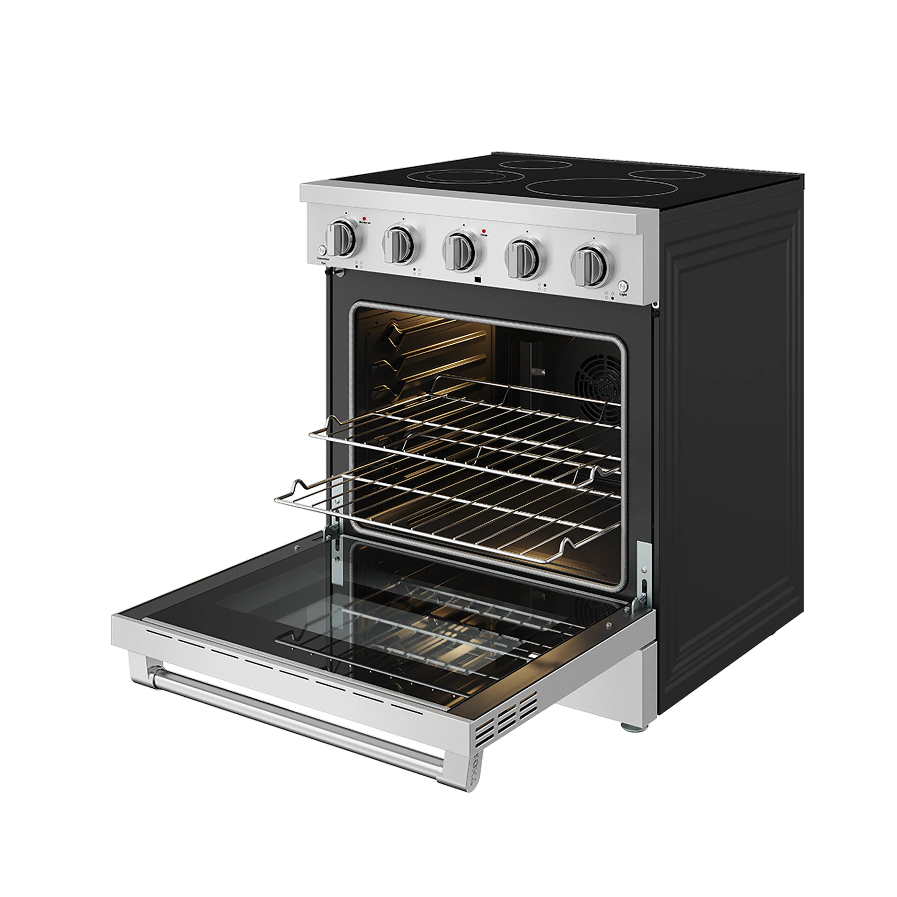 Stainless electric range with oven door open and wire rack inside the oven
