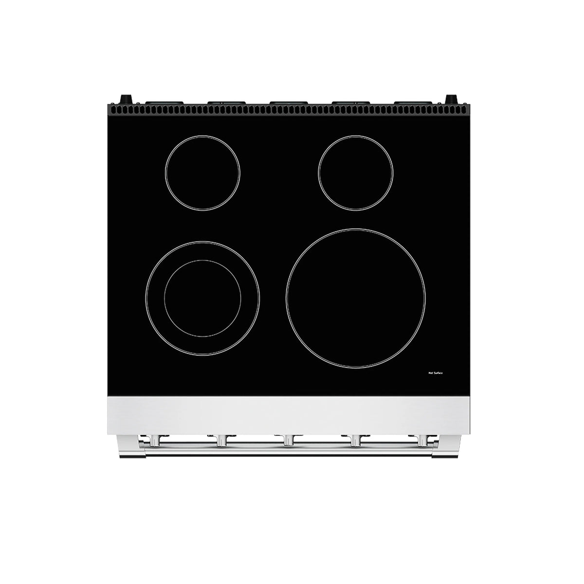 Stainless electric range cooktop with four circular burner outlines on black surface