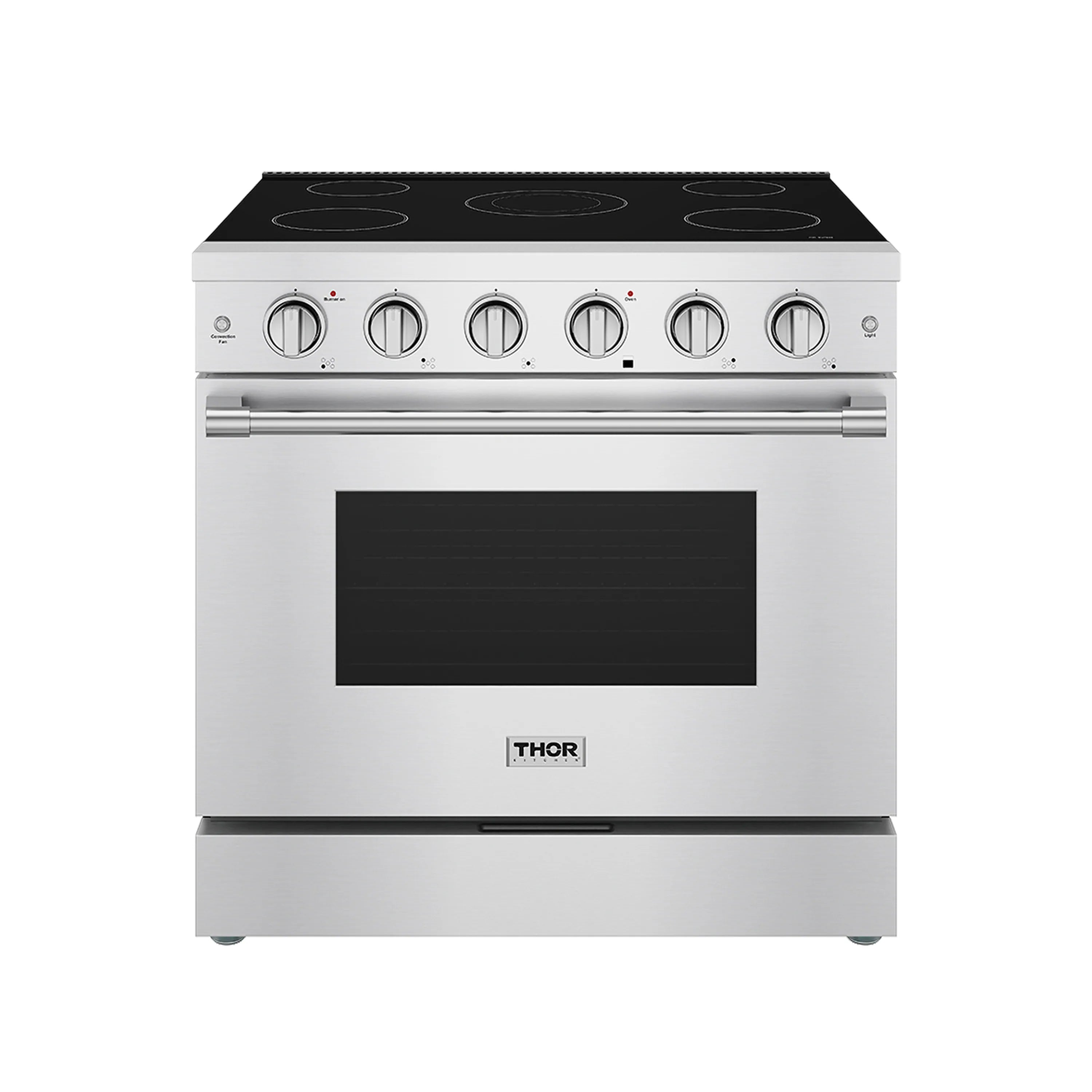 Stainless electric range with black glass oven door window and four front burner knobs