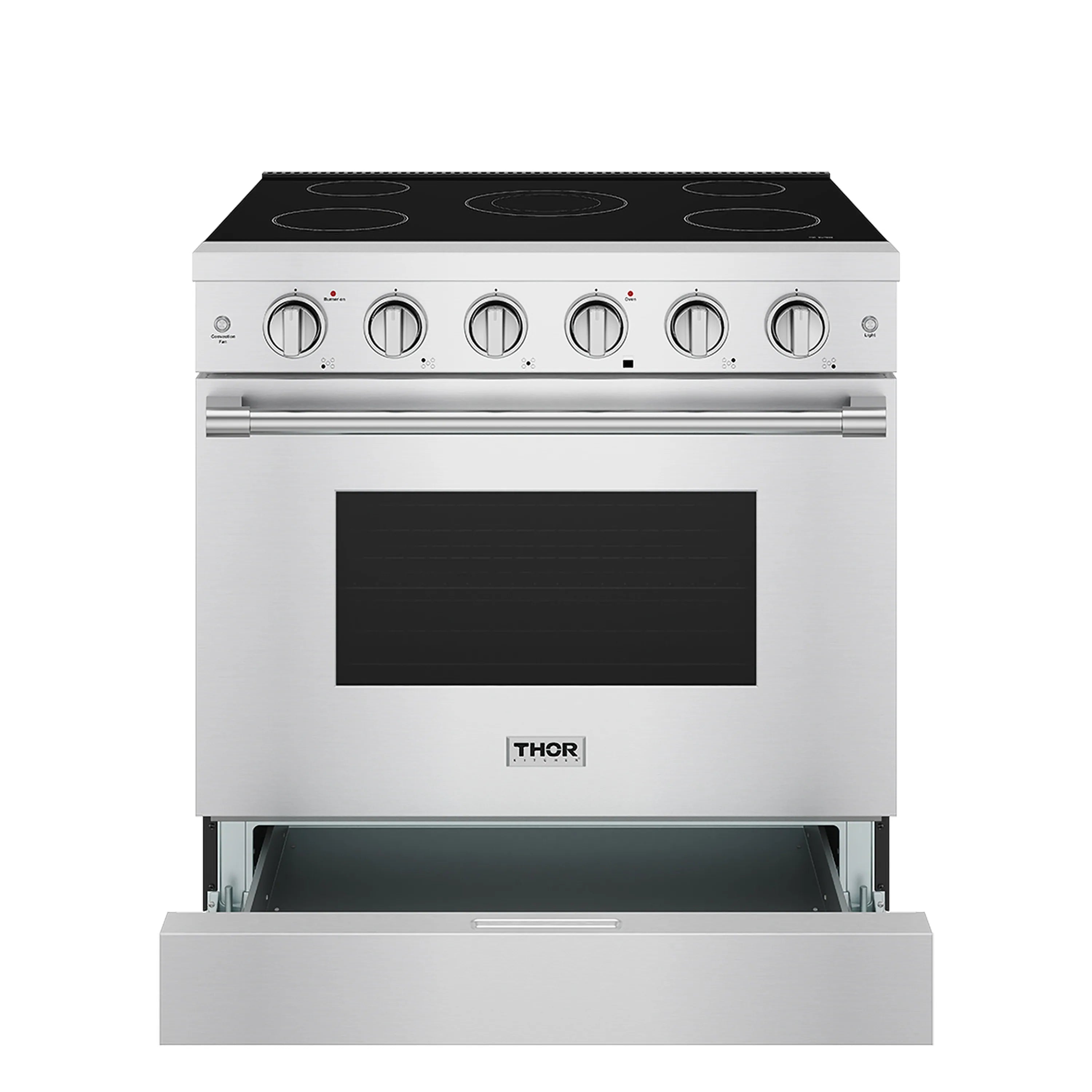 Stainless electric range with black oven door window and open storage drawer