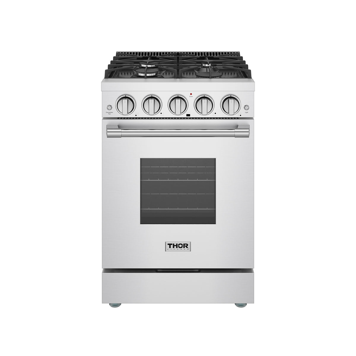 24-inch stainless steel gas range front view with oven window and metal knobs