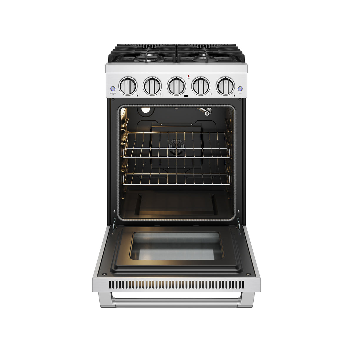 24-inch stainless steel gas range with oven door open showing two racks