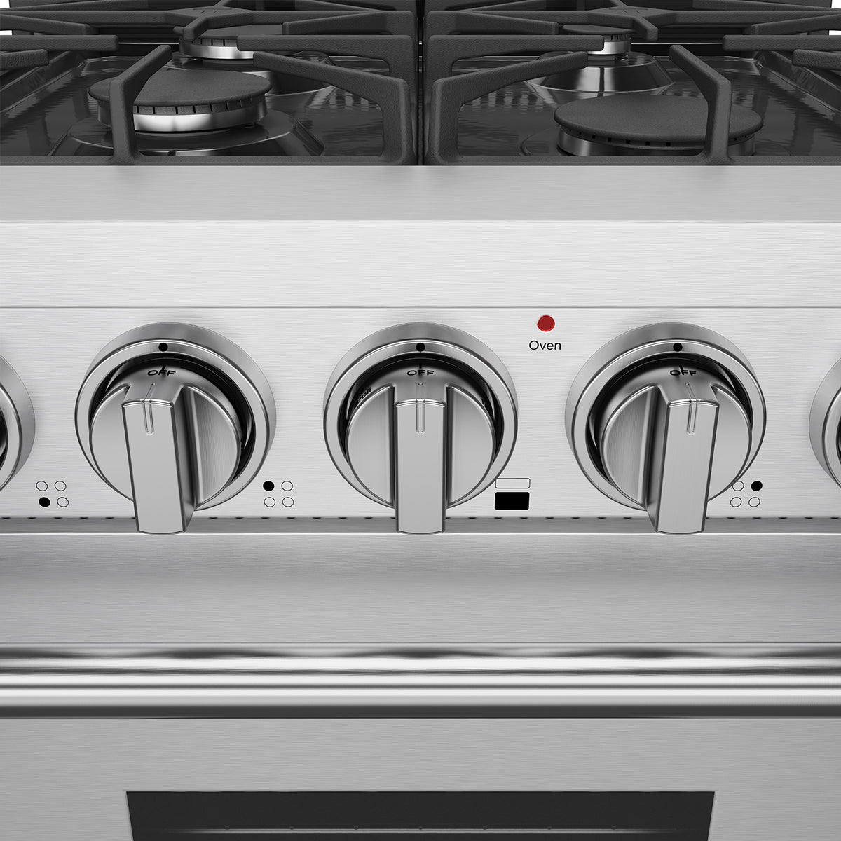 24-inch gas range heavy-duty metal control knobs close-up