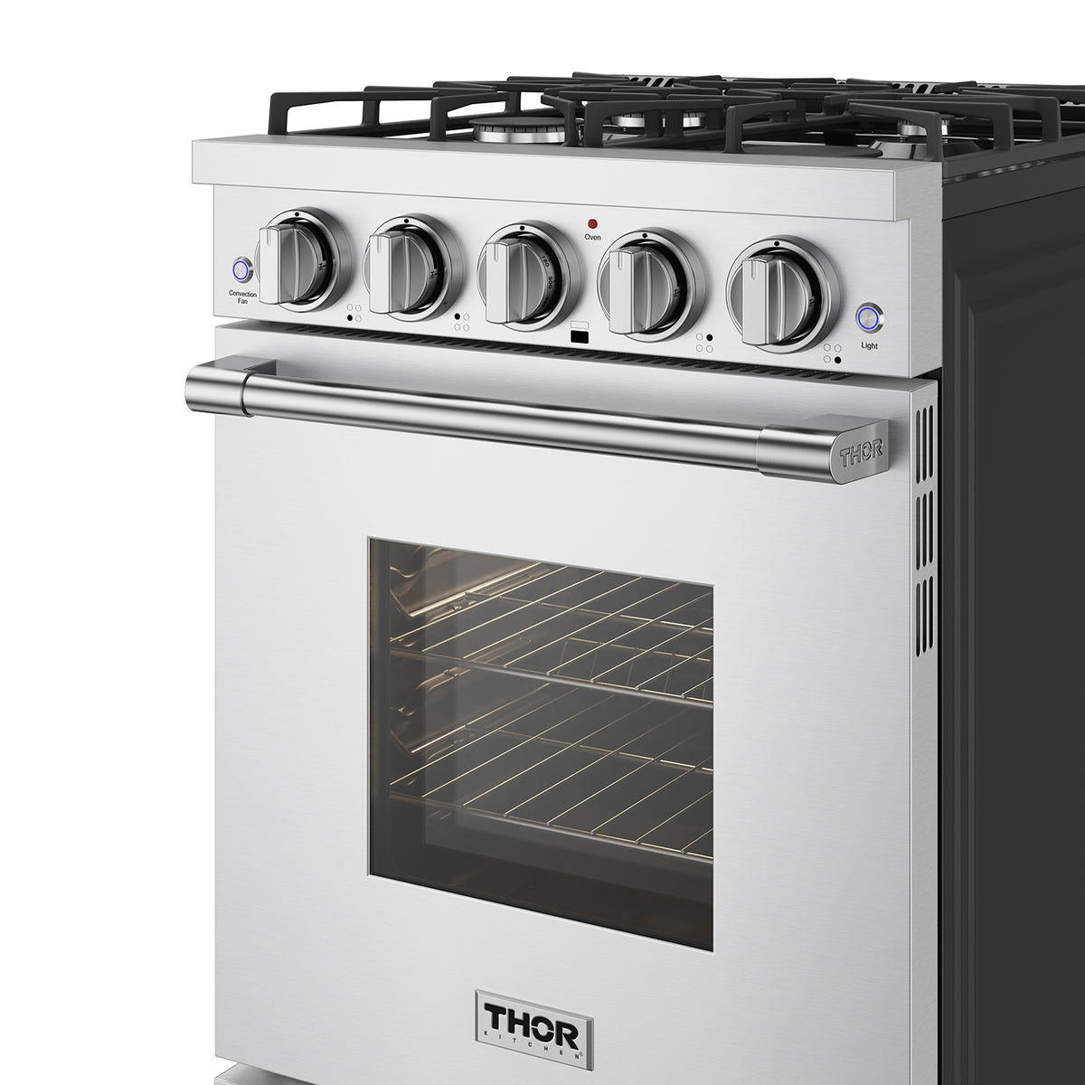 24-inch stainless steel gas range control panel and lit oven interior