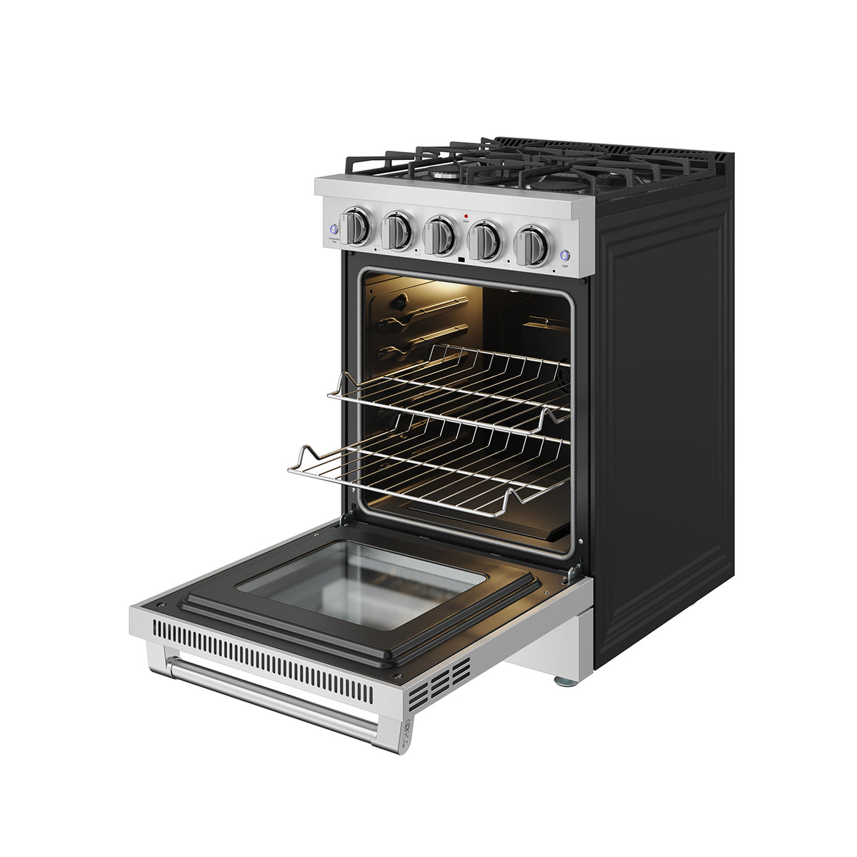 24-inch stainless steel gas range with oven rack pulled out