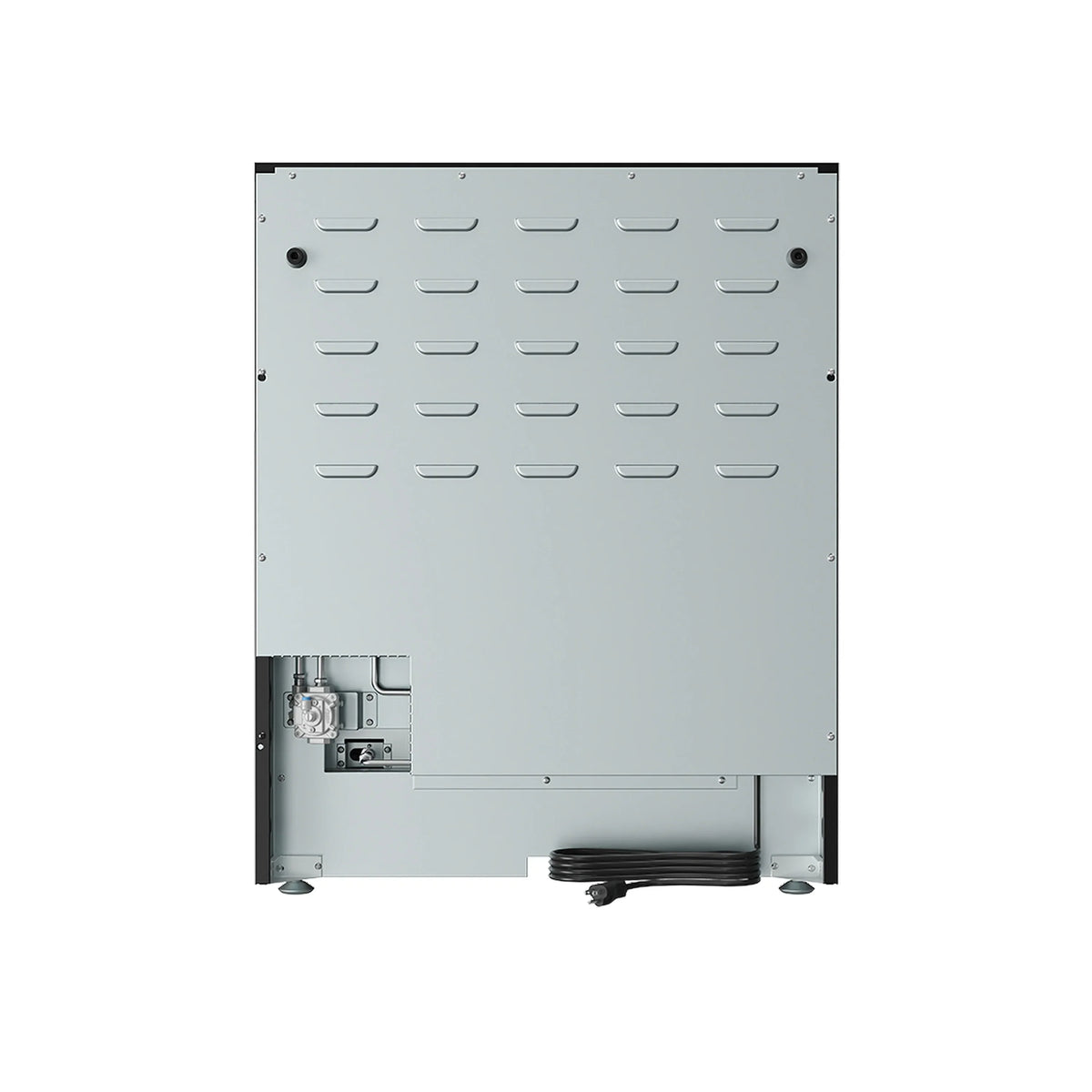 Stainless steel gas range rear panel with vented cover and connection components