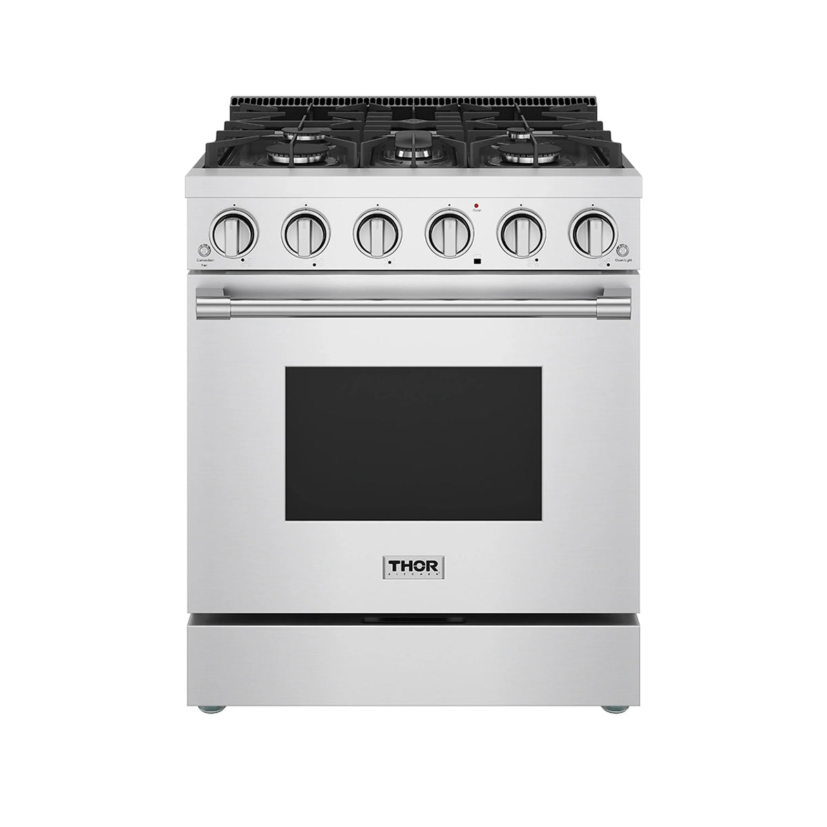 Stainless steel gas range with black glass oven door and six burner knobs