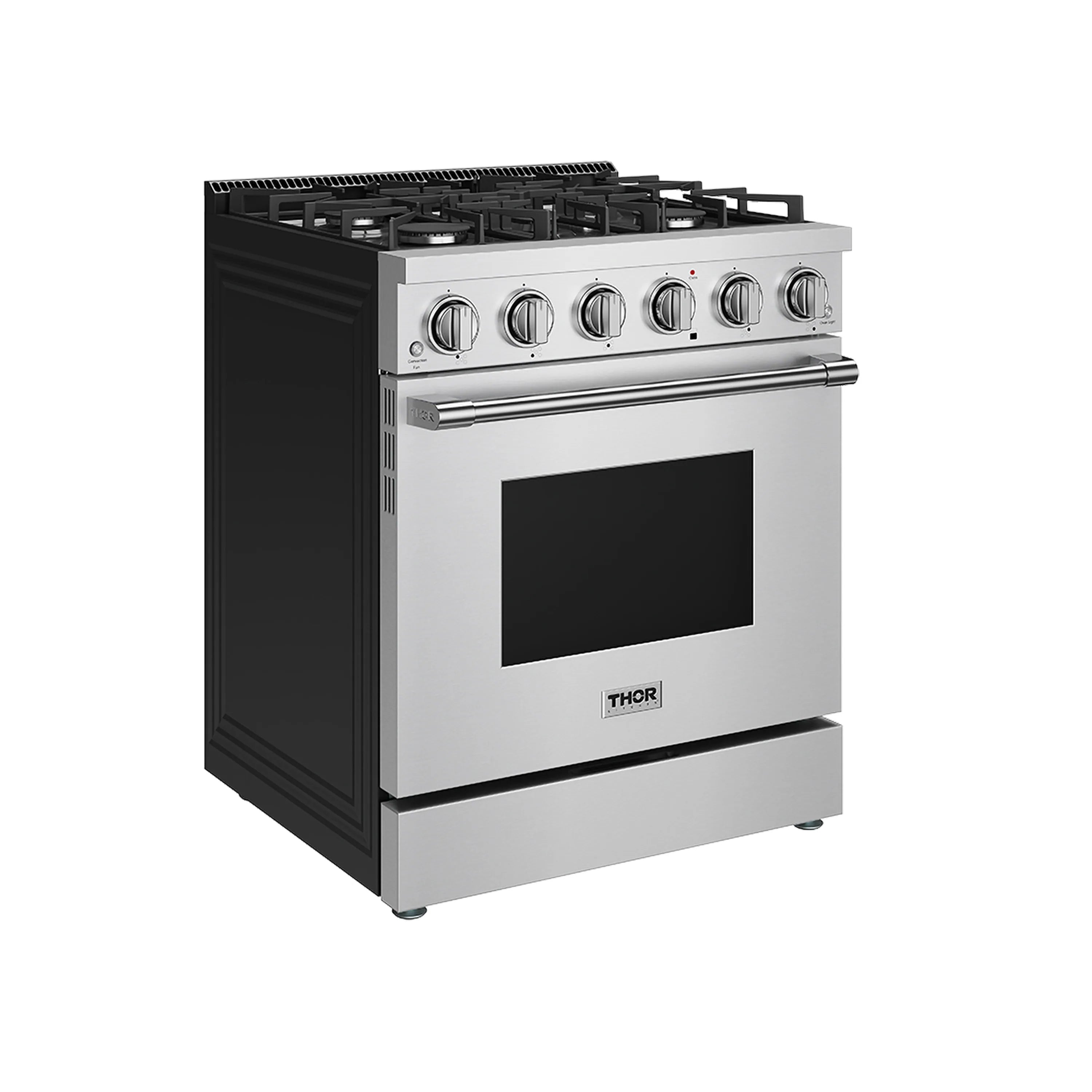 Stainless steel gas range side view with black window oven door and control knobs