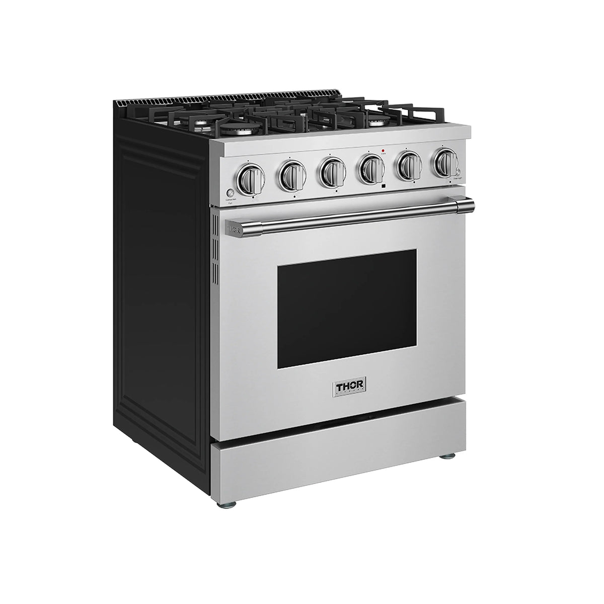 Stainless steel gas range side view with black window oven door and control knobs