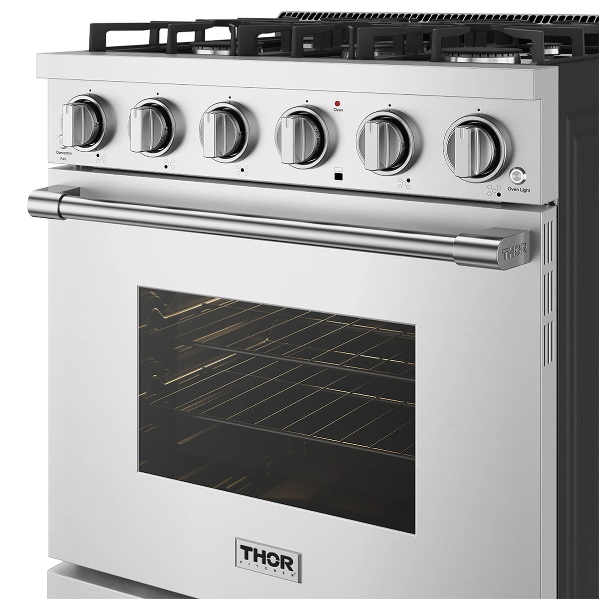 Stainless steel gas range front with control knobs and glass viewing window