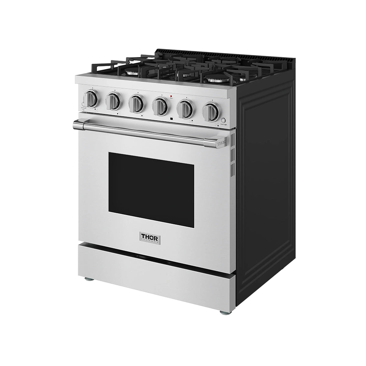 Stainless steel gas range with black oven door, front control knobs, and burners