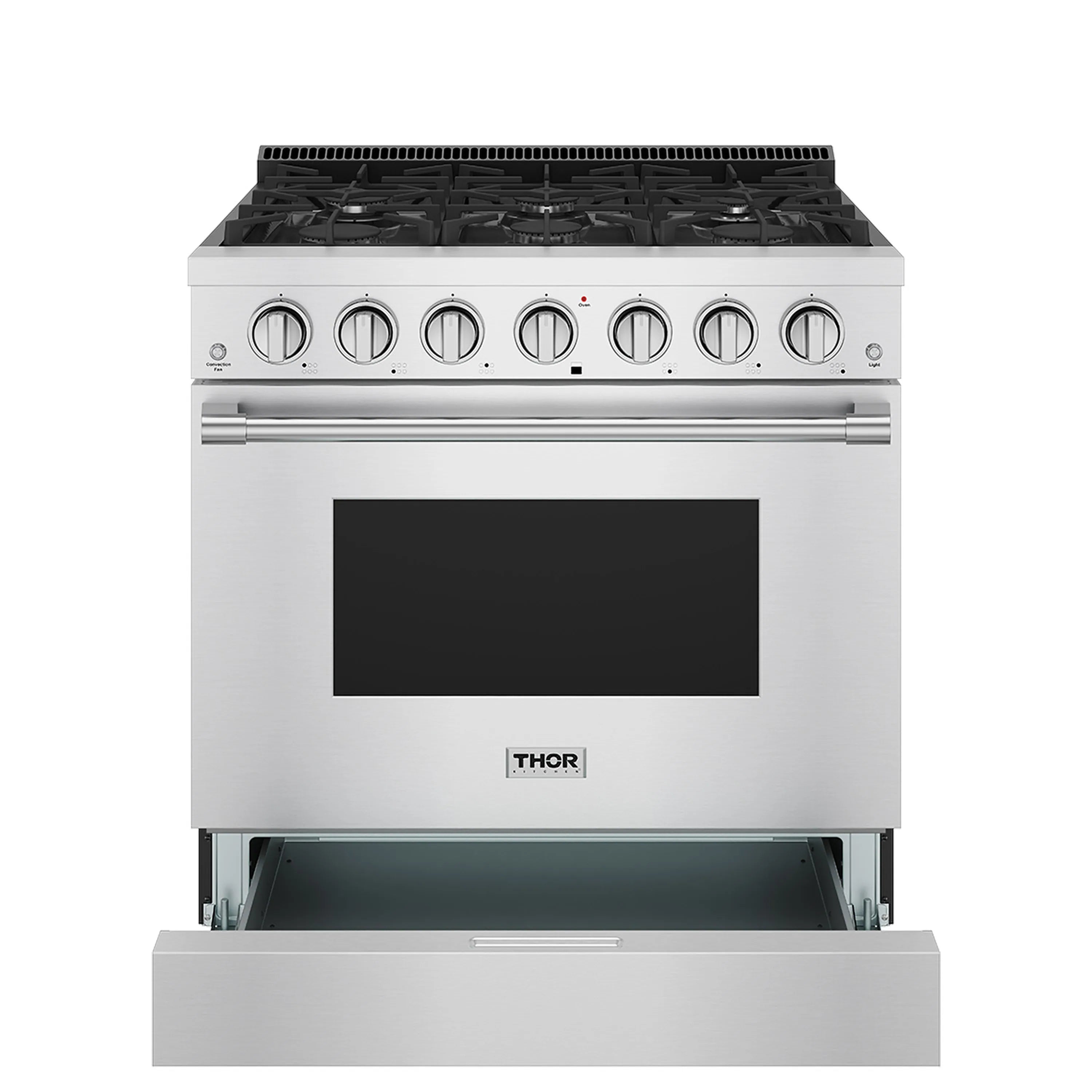 Stainless steel gas range with six burners, control knobs, and oven window