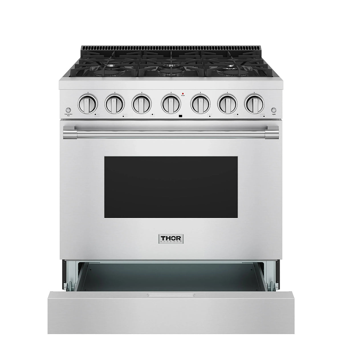 Stainless steel gas range with open oven door and six burners