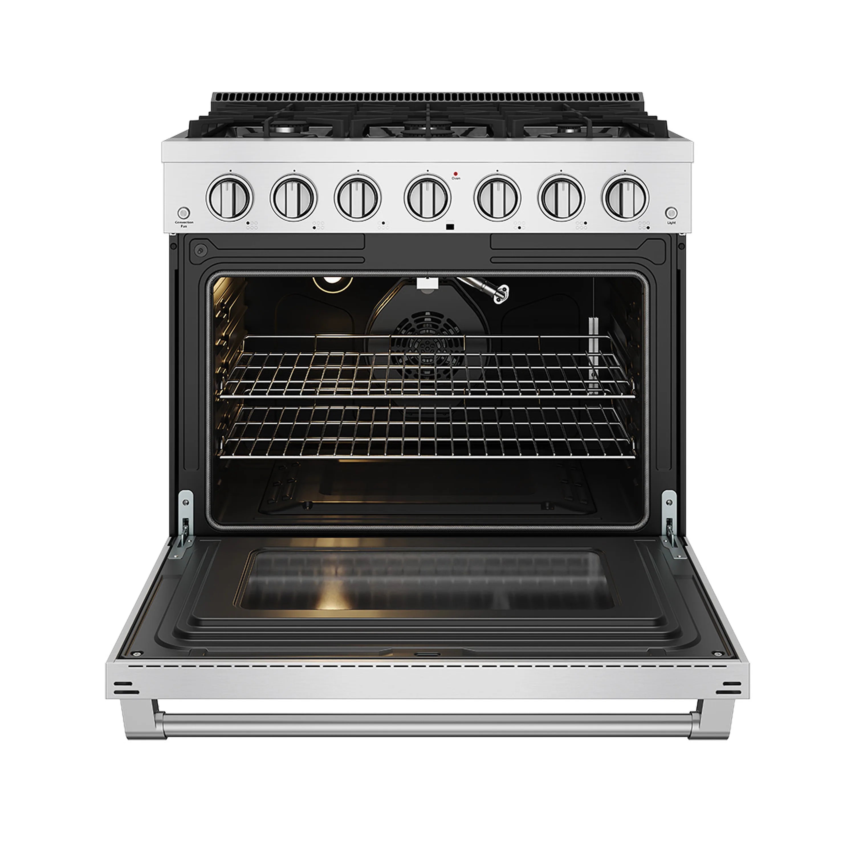 Stainless steel gas range with oven door open, bake racks and interior lighting on
