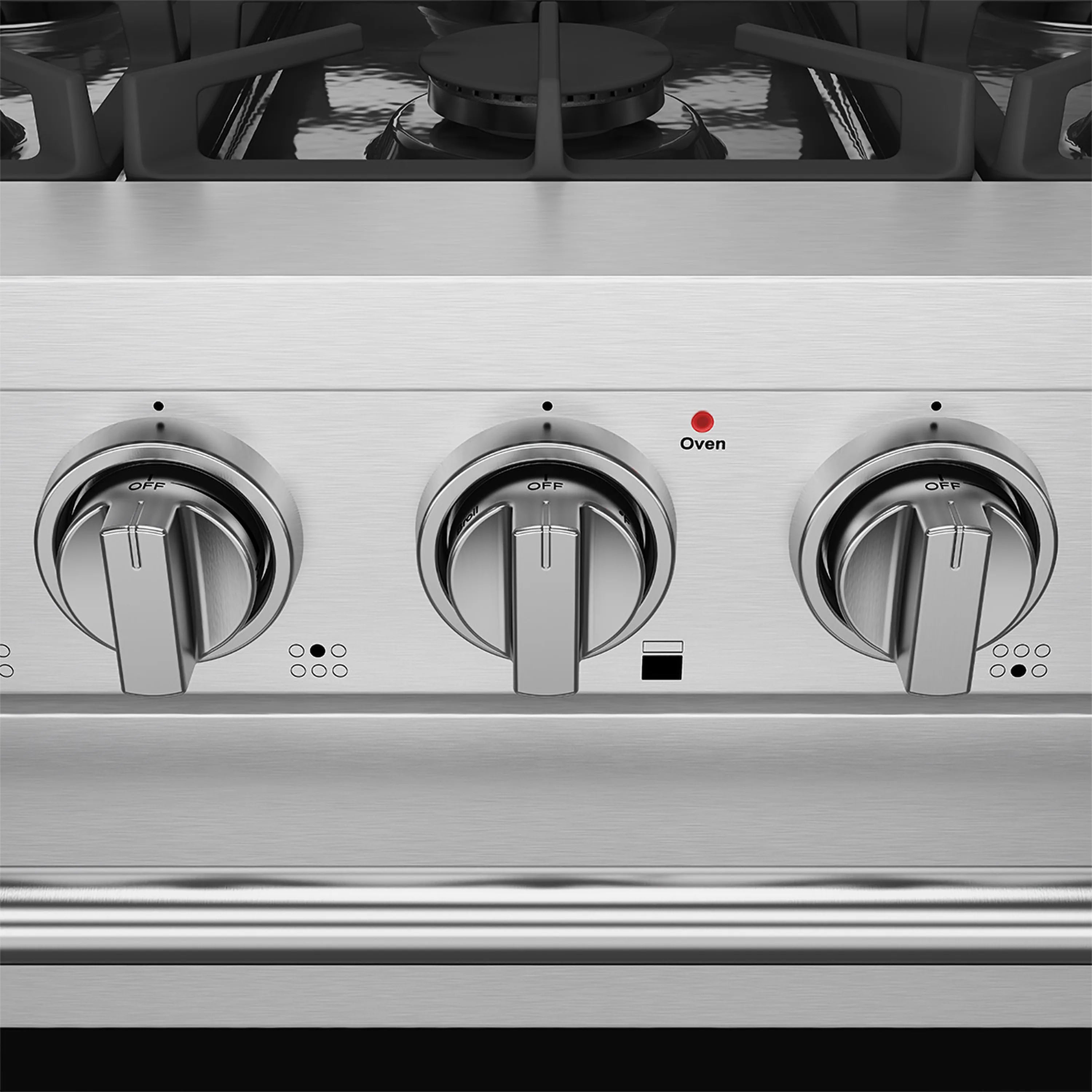 Stainless steel control panel with round knobs and “Oven” text