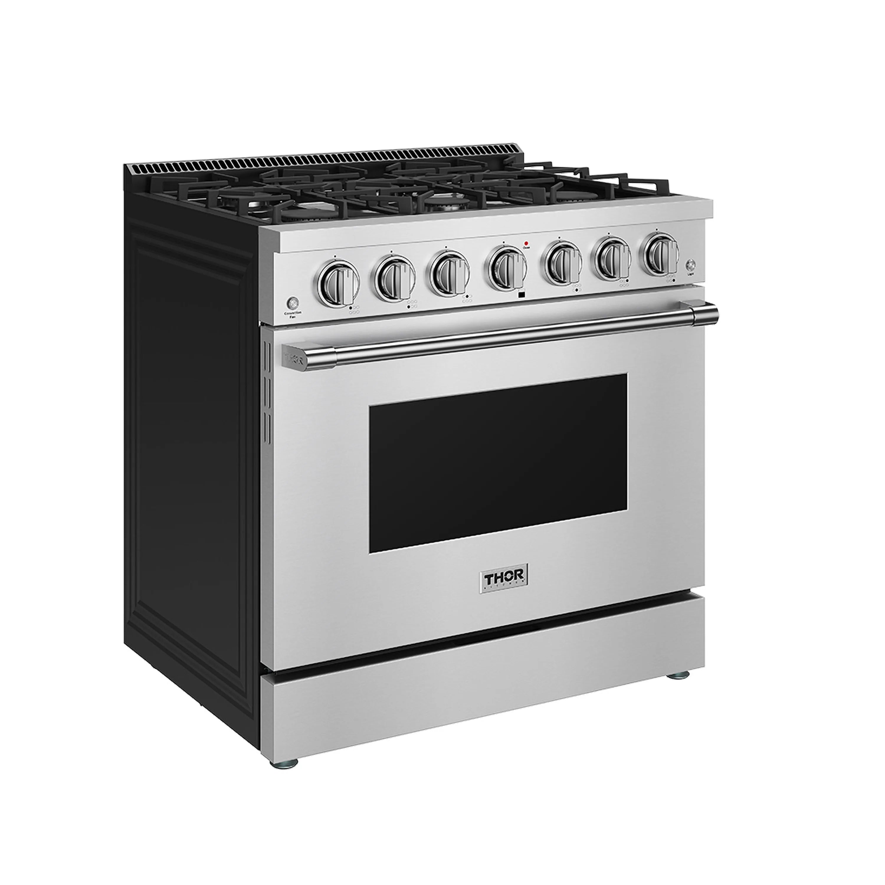 Stainless steel gas range front view with black oven window and control knobs