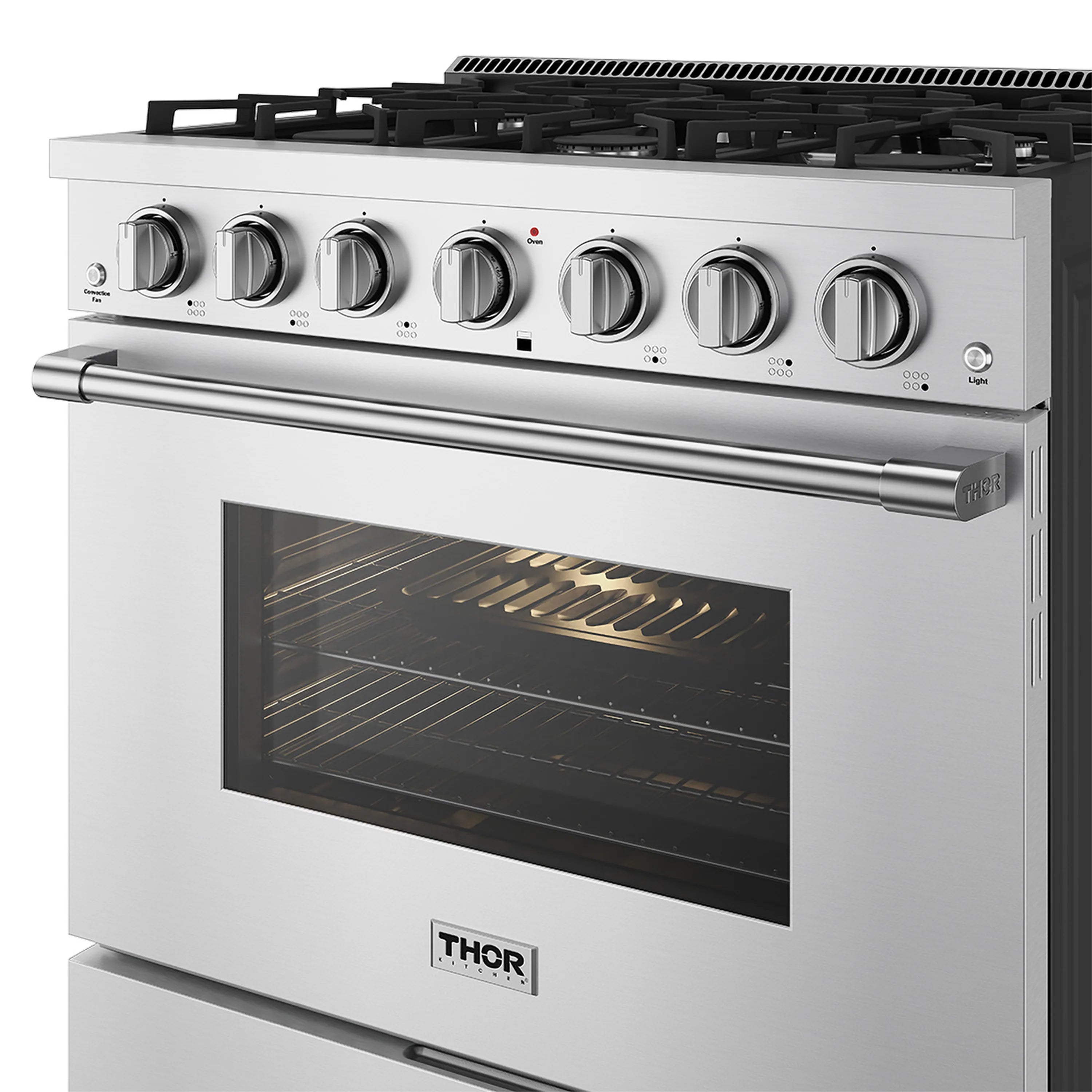 Stainless steel gas range with open oven door and glowing broil heating element