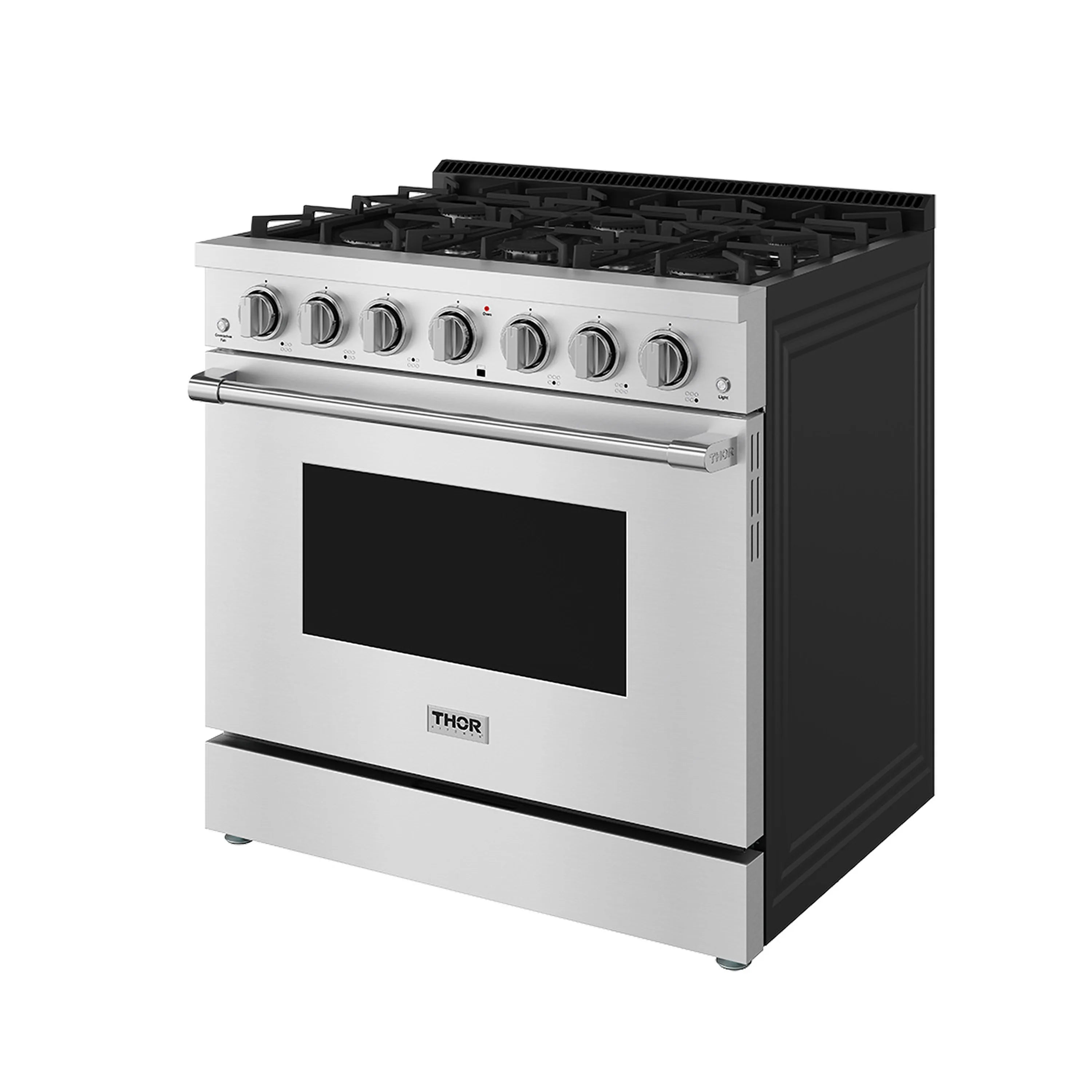 Stainless steel gas range front angle with black oven door window
