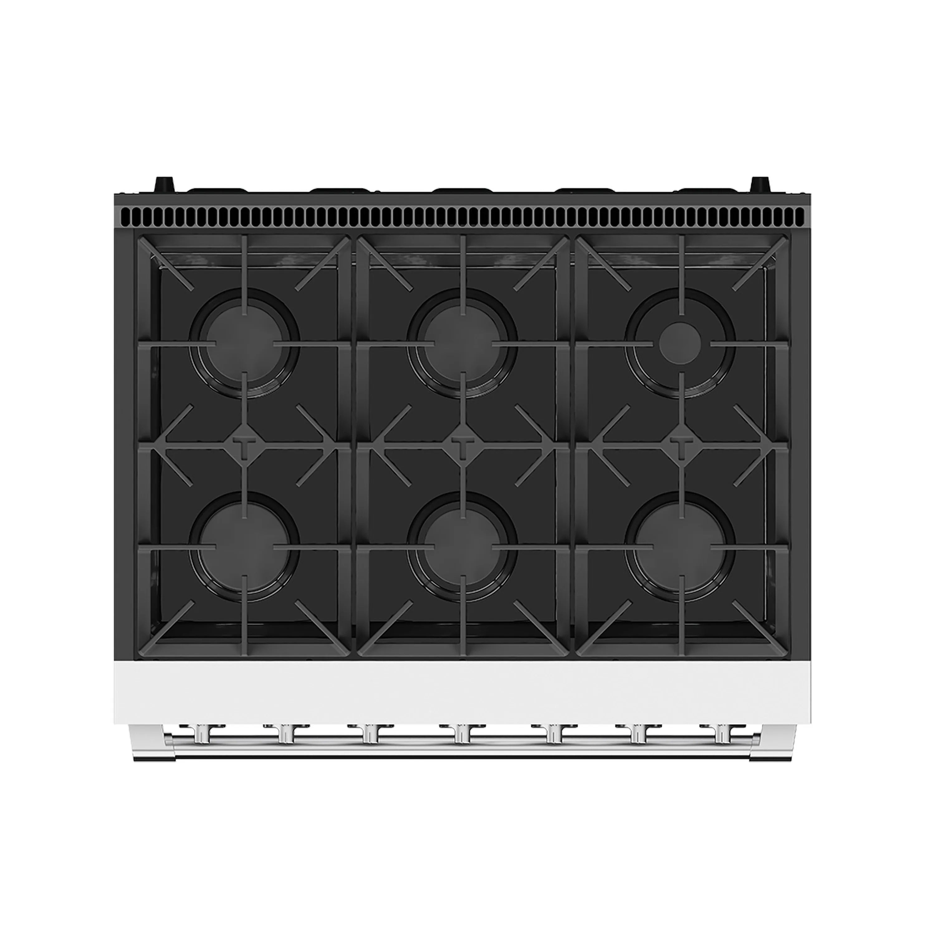 Back view of gas range cooktop with burner layout and grates removed
